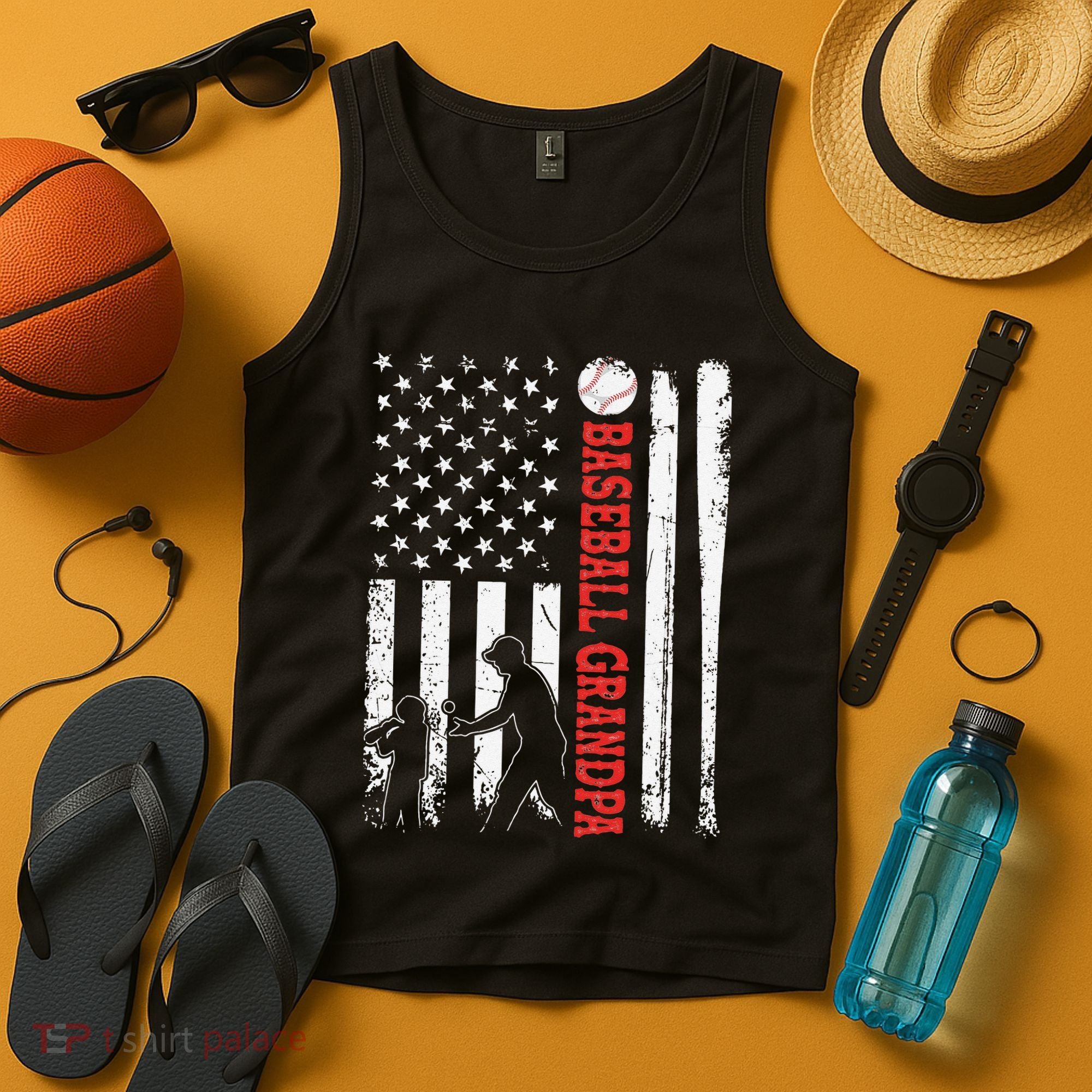 Distressed USA American Flag Baseball Grandpa Father's Day Tank Top