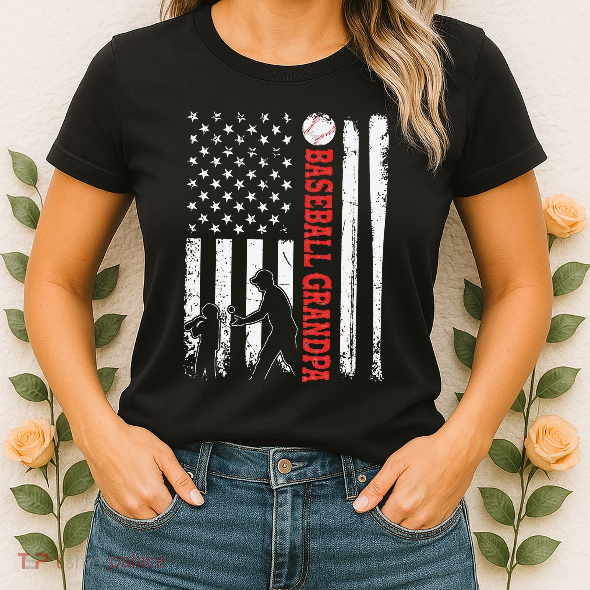 Distressed USA American Flag Baseball Grandpa Father's Day Women's T-Shirt