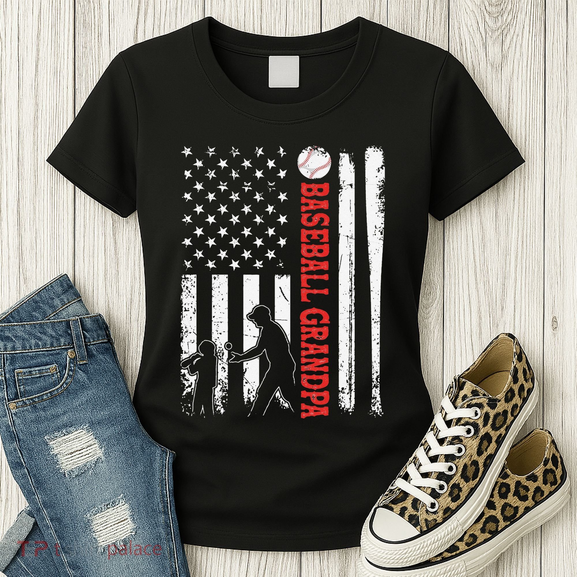 Distressed USA American Flag Baseball Grandpa Father's Day Women's T-Shirt