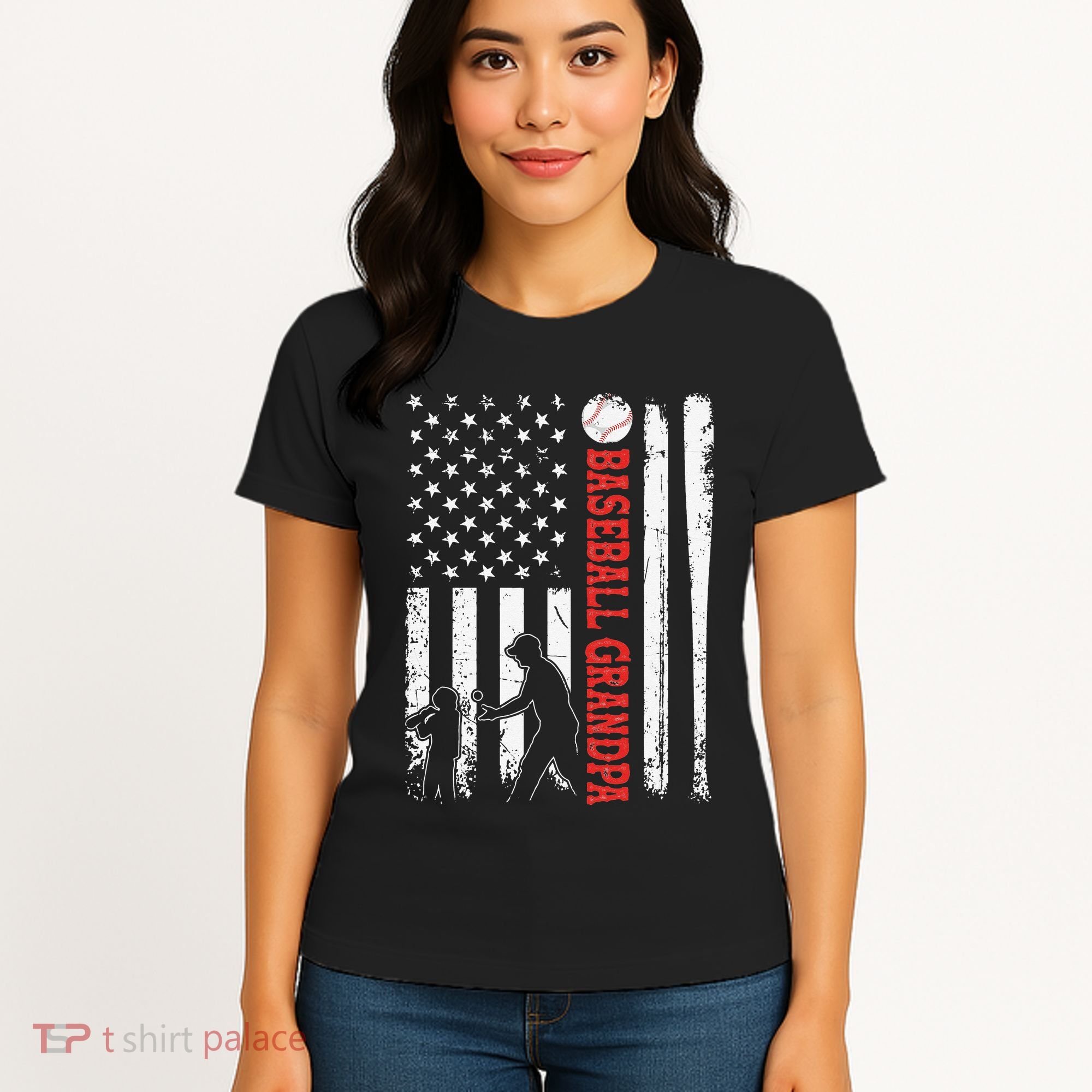 Distressed USA American Flag Baseball Grandpa Father's Day Women's T-Shirt