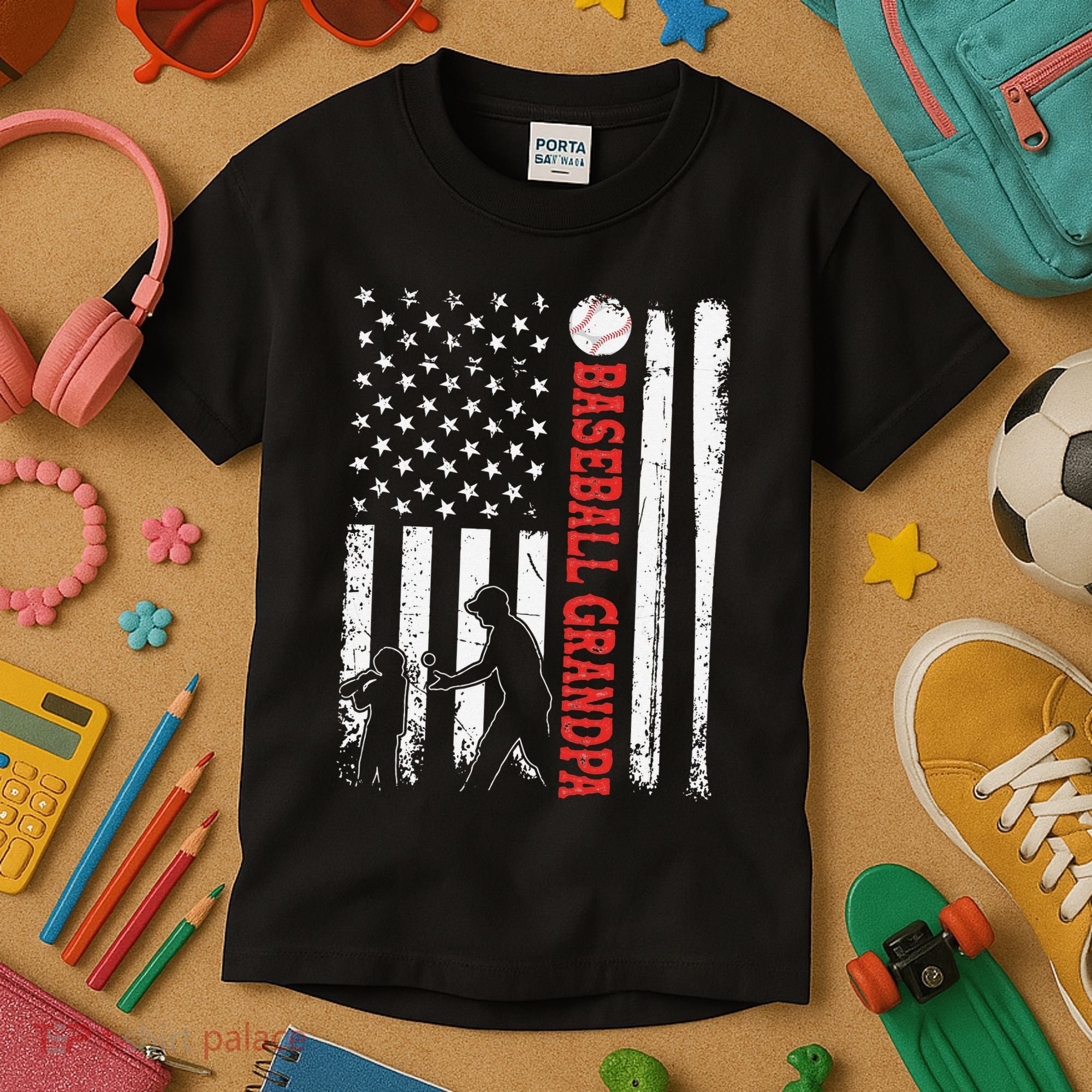 Distressed USA American Flag Baseball Grandpa Father's Day Kids T-Shirt
