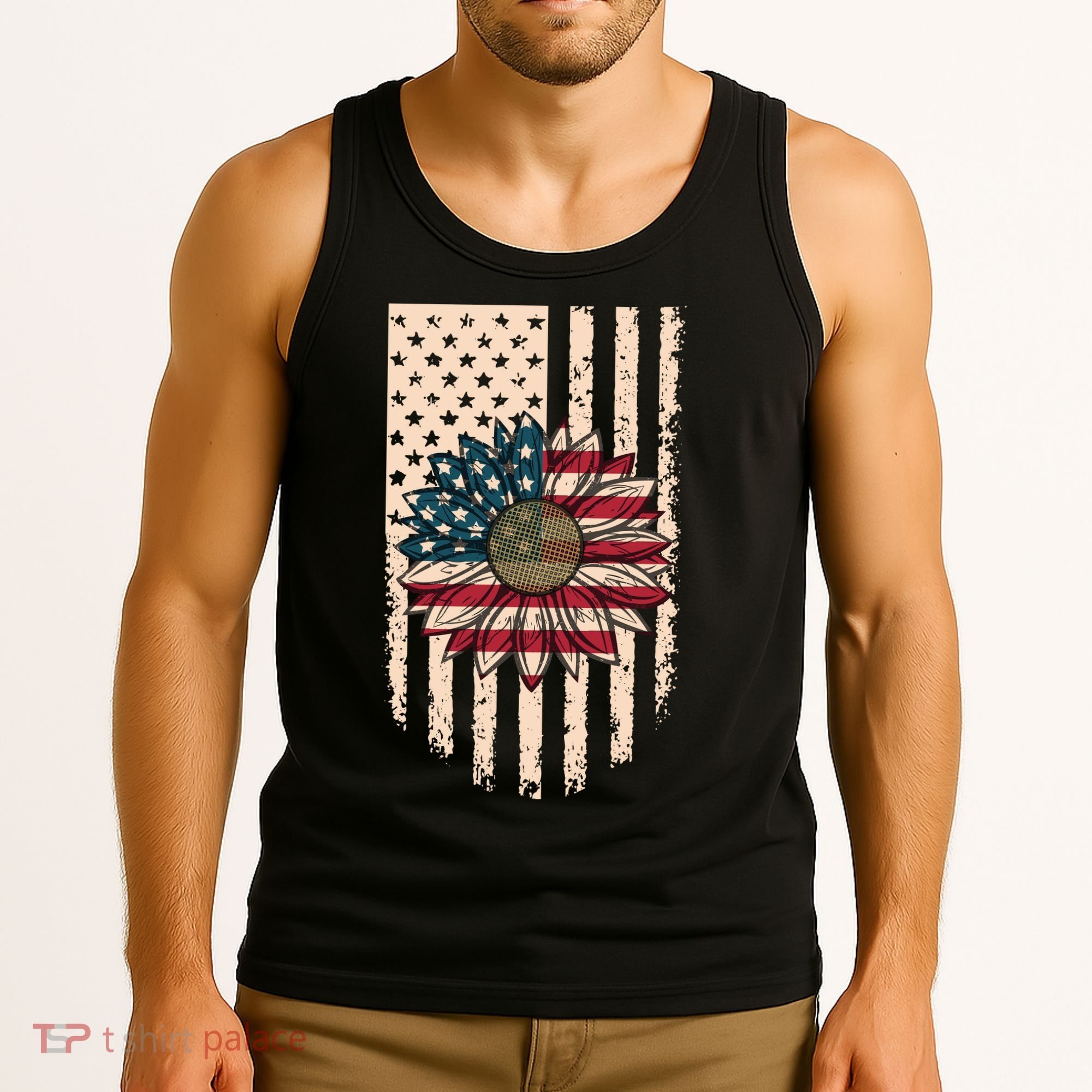 Distressed USA American Flag Sunflower Tank Top