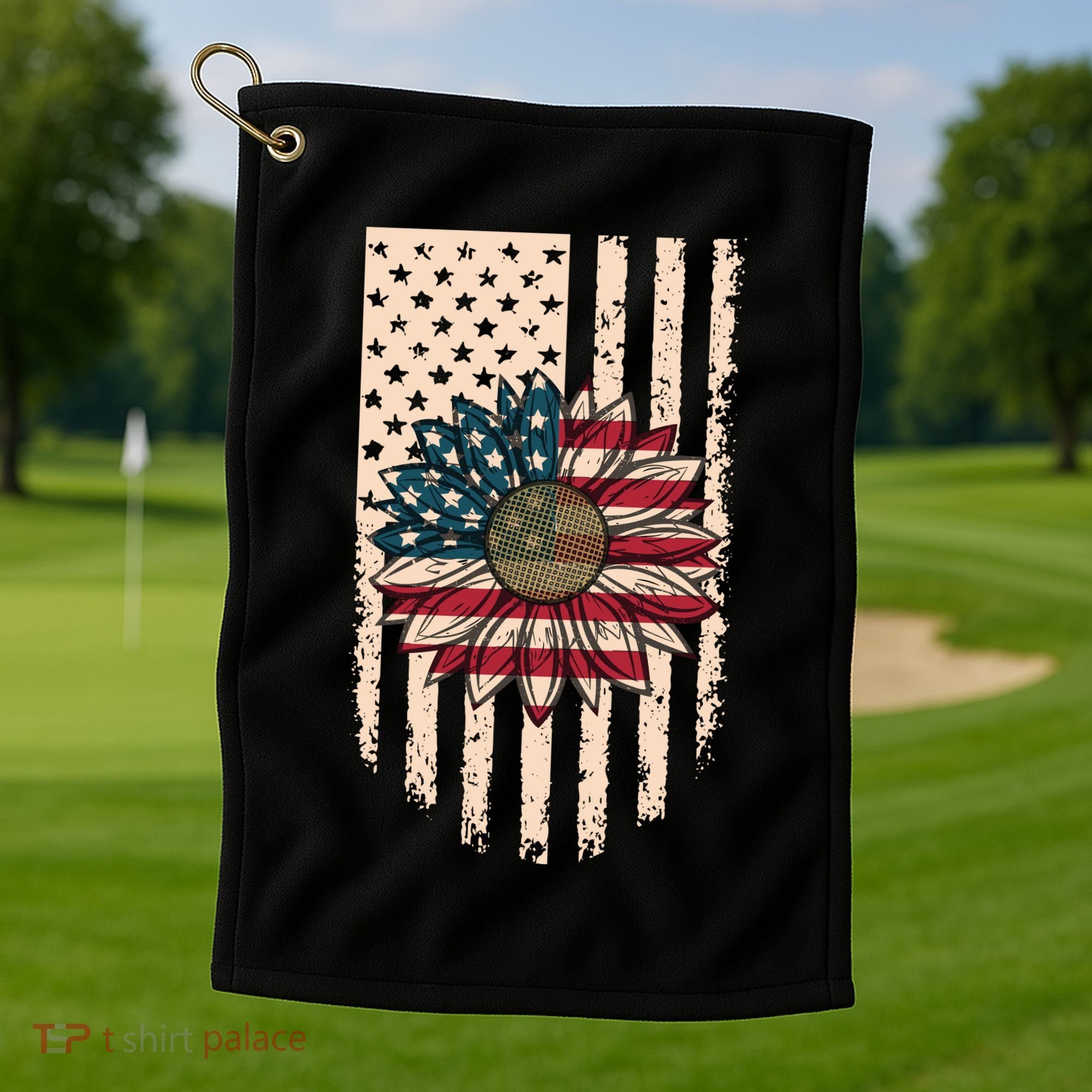 Distressed USA American Flag Sunflower Golf Towel