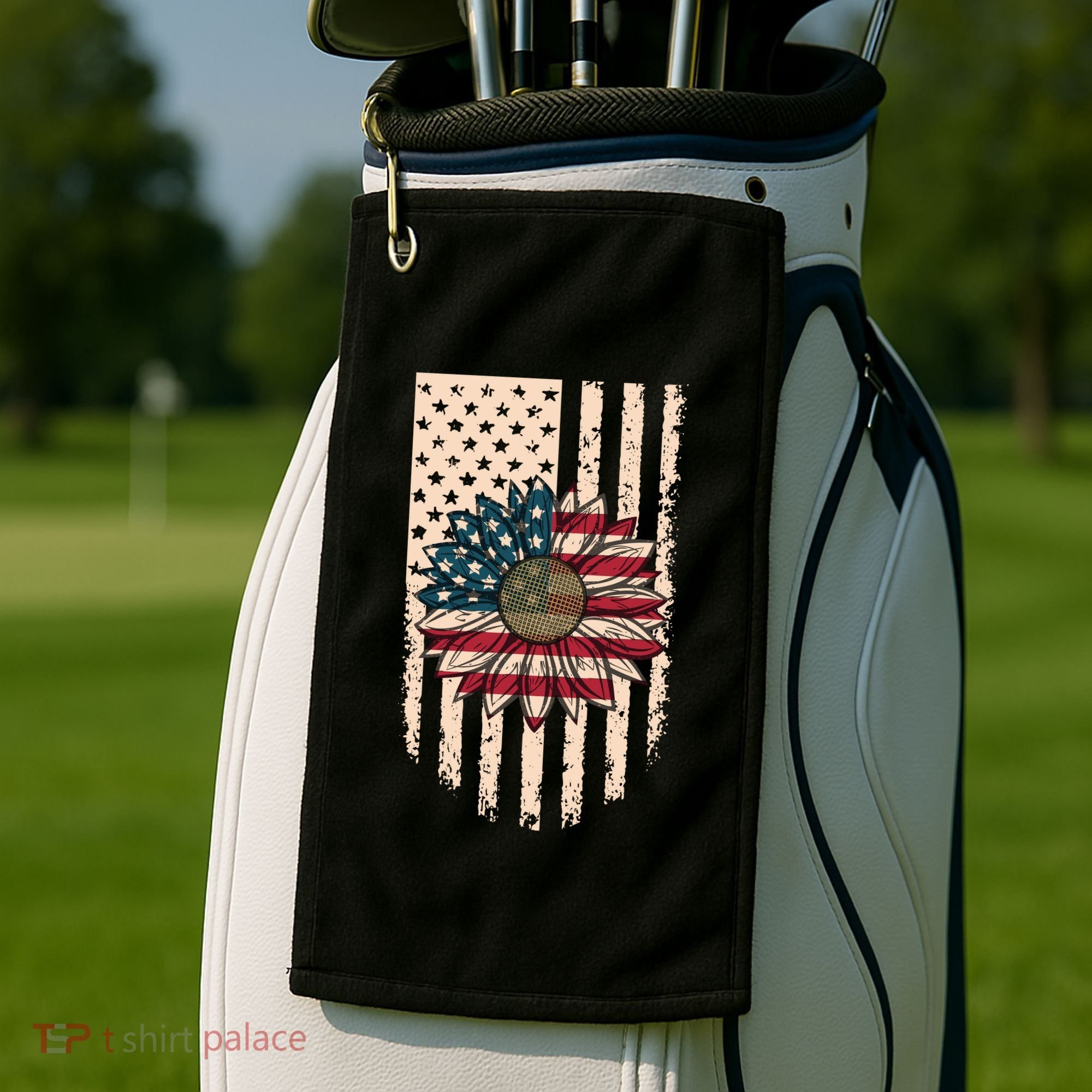 Distressed USA American Flag Sunflower Golf Towel