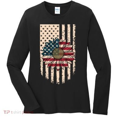Distressed USA American Flag Sunflower Women's Long Sleeve Shirt