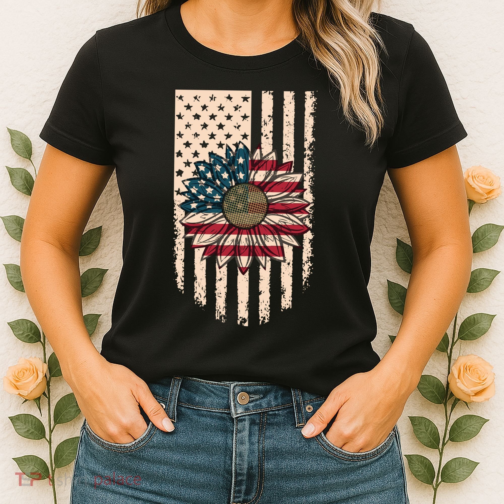Distressed USA American Flag Sunflower Women's T-Shirt