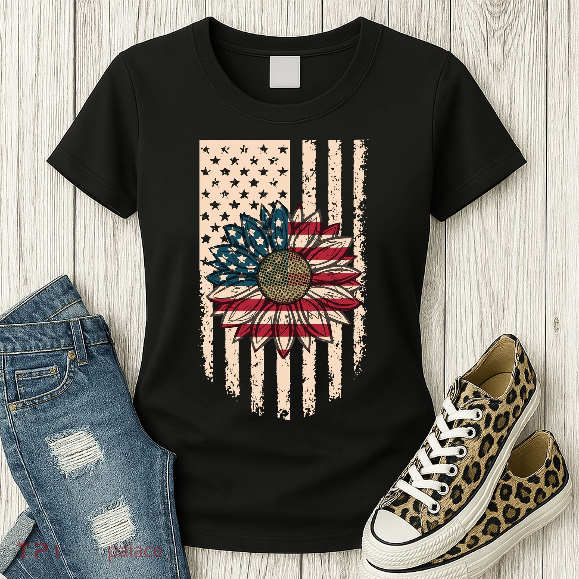 Distressed USA American Flag Sunflower Women's T-Shirt