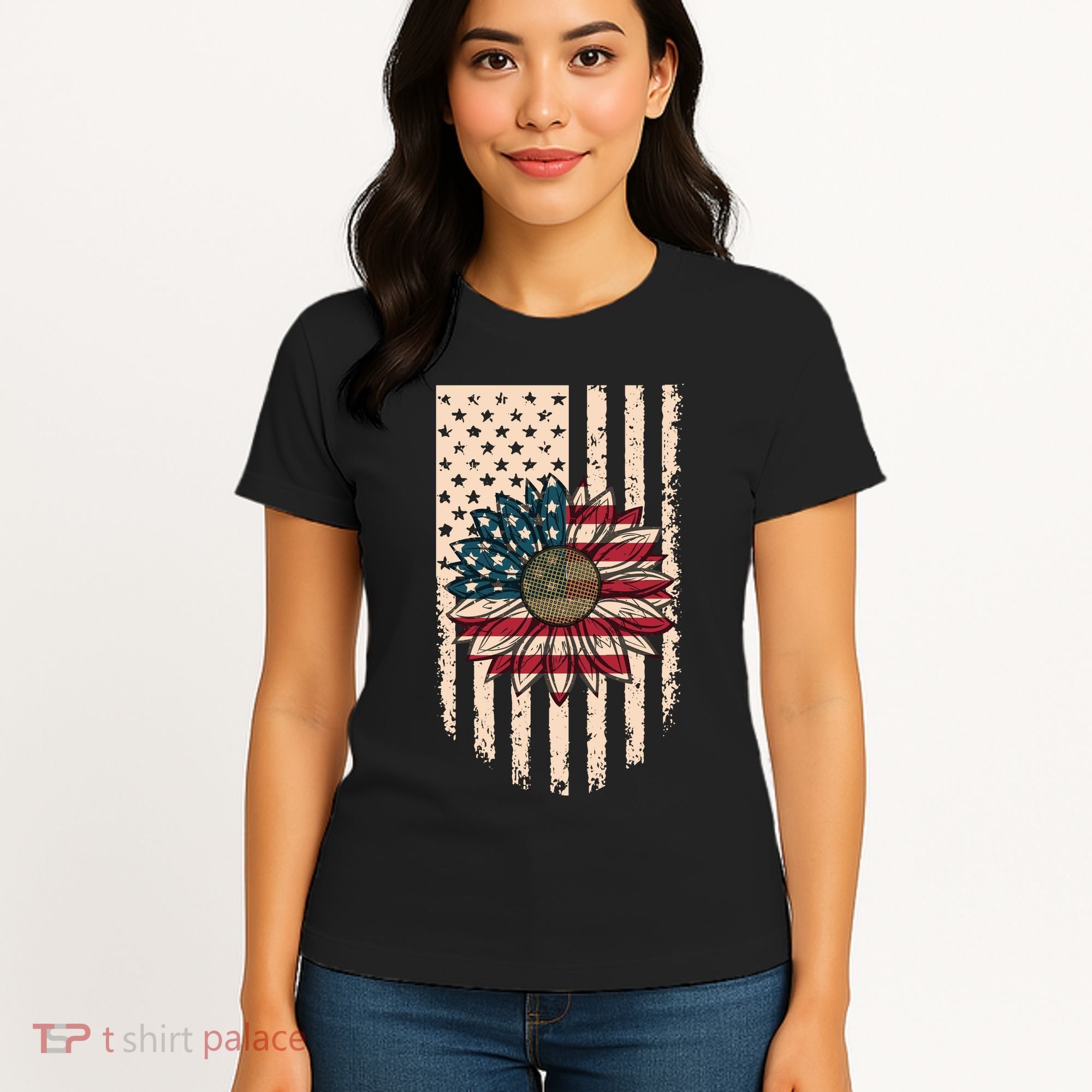 Distressed USA American Flag Sunflower Women's T-Shirt