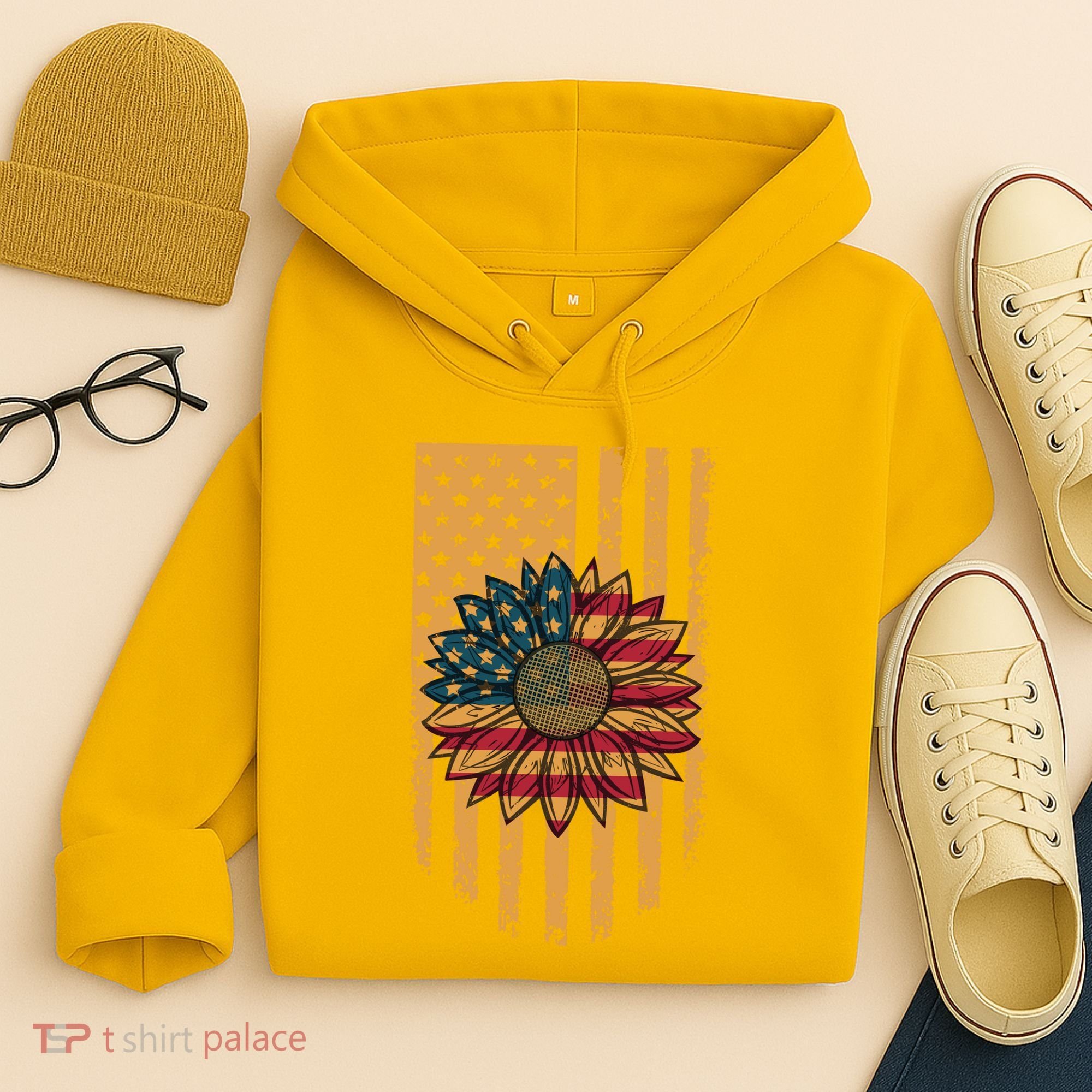 Distressed USA American Flag Sunflower Hoodie