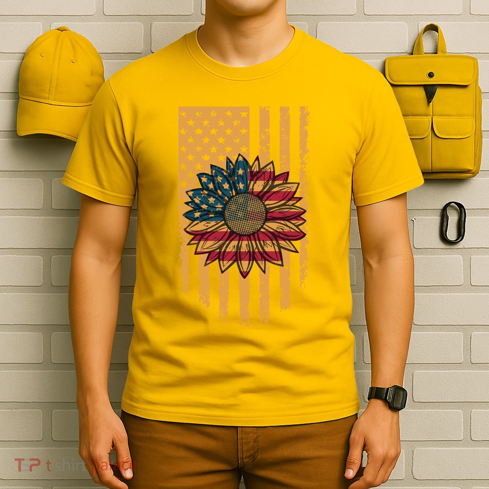 Distressed USA American Flag Sunflower T-Shirt