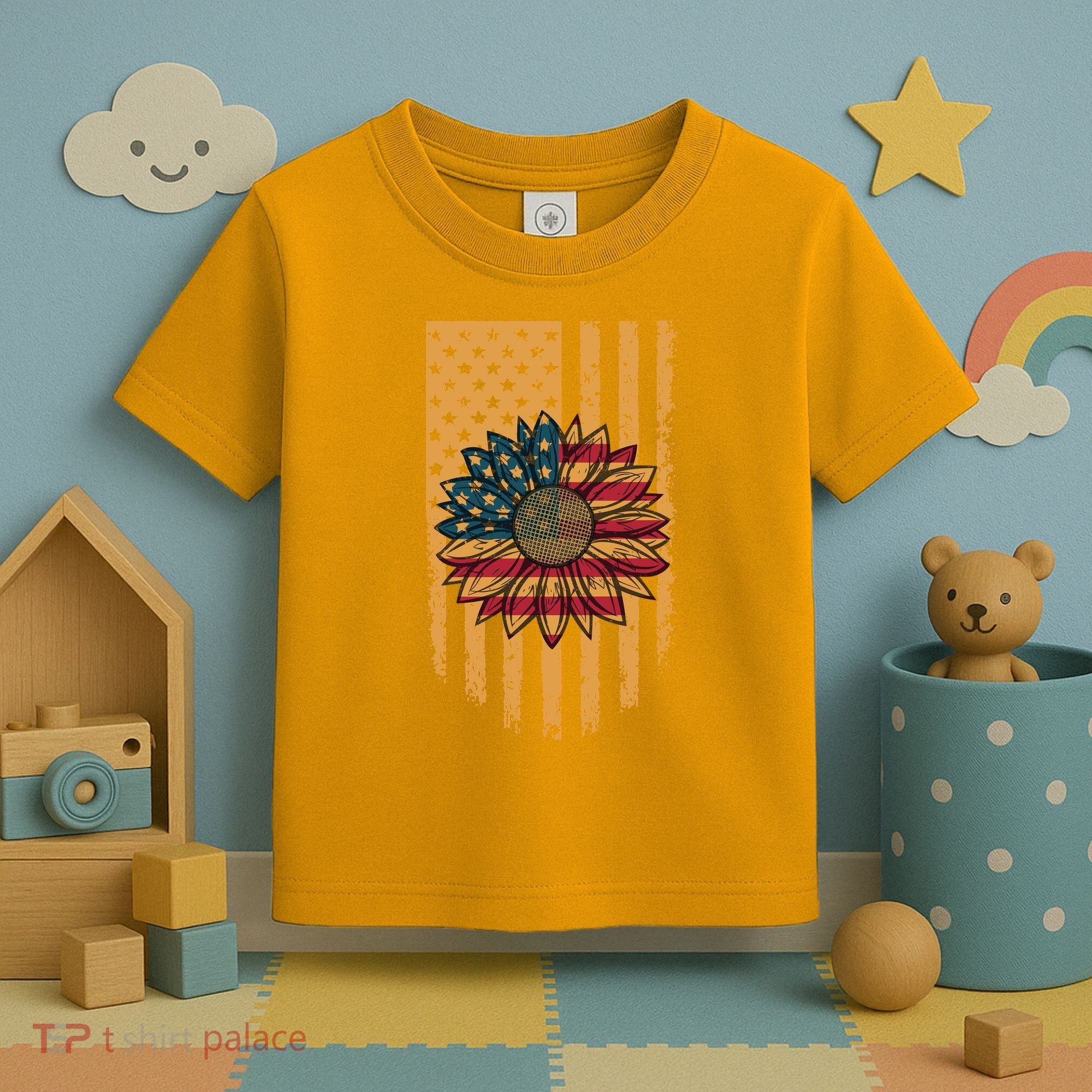 Distressed USA American Flag Sunflower Toddler T-Shirt