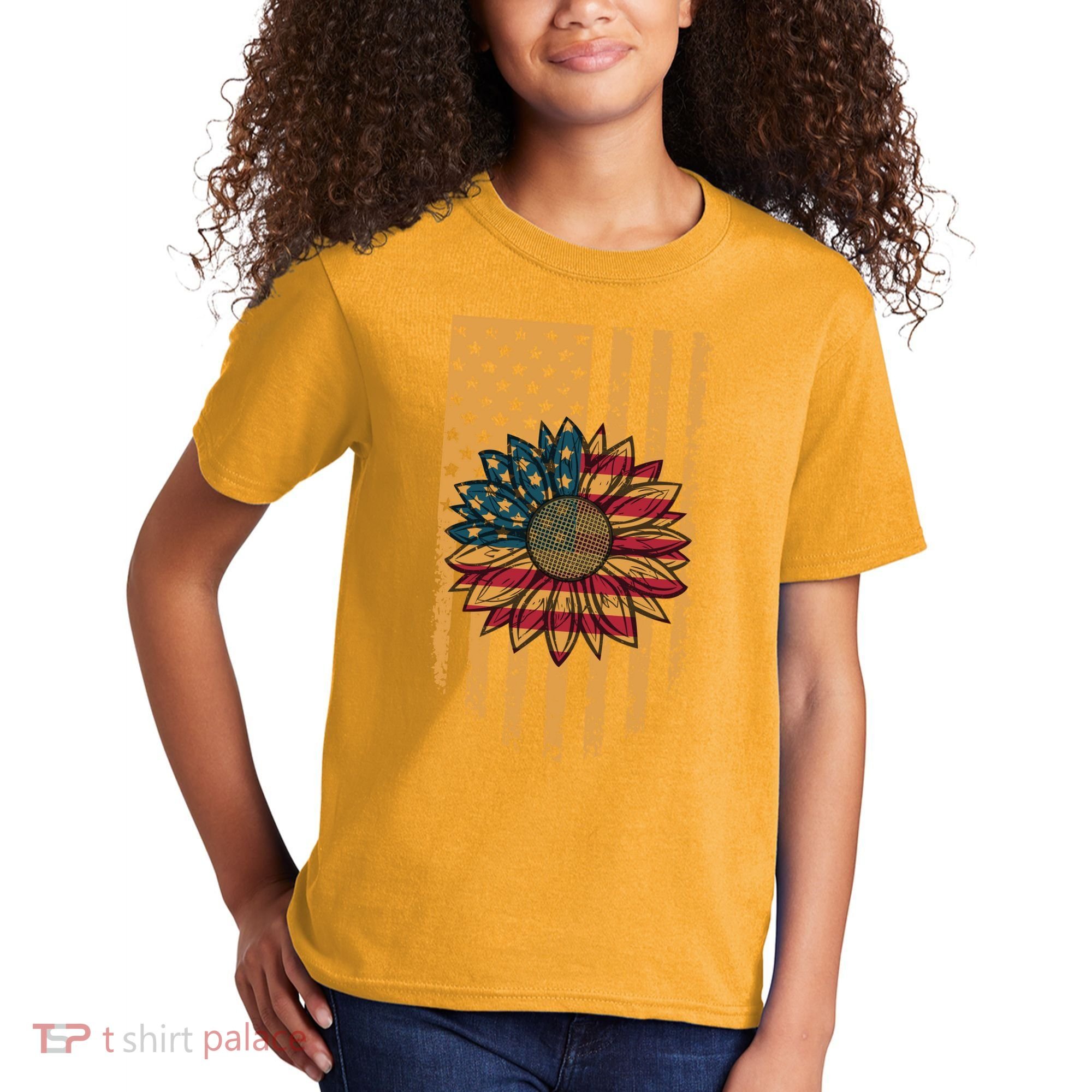 Distressed USA American Flag Sunflower Kids T-Shirt