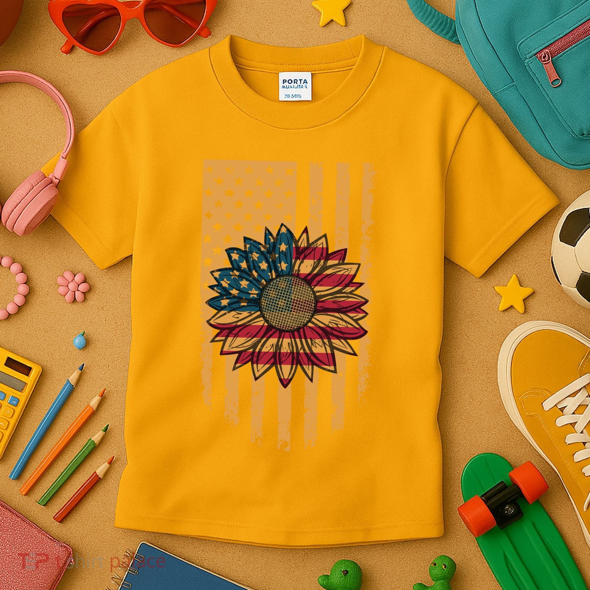 Distressed USA American Flag Sunflower Kids T-Shirt