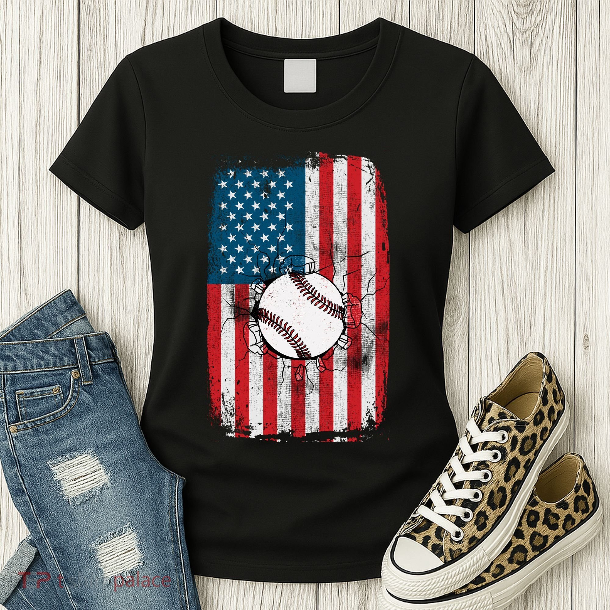 Distressed USA American Flag Baseball Women's T-Shirt