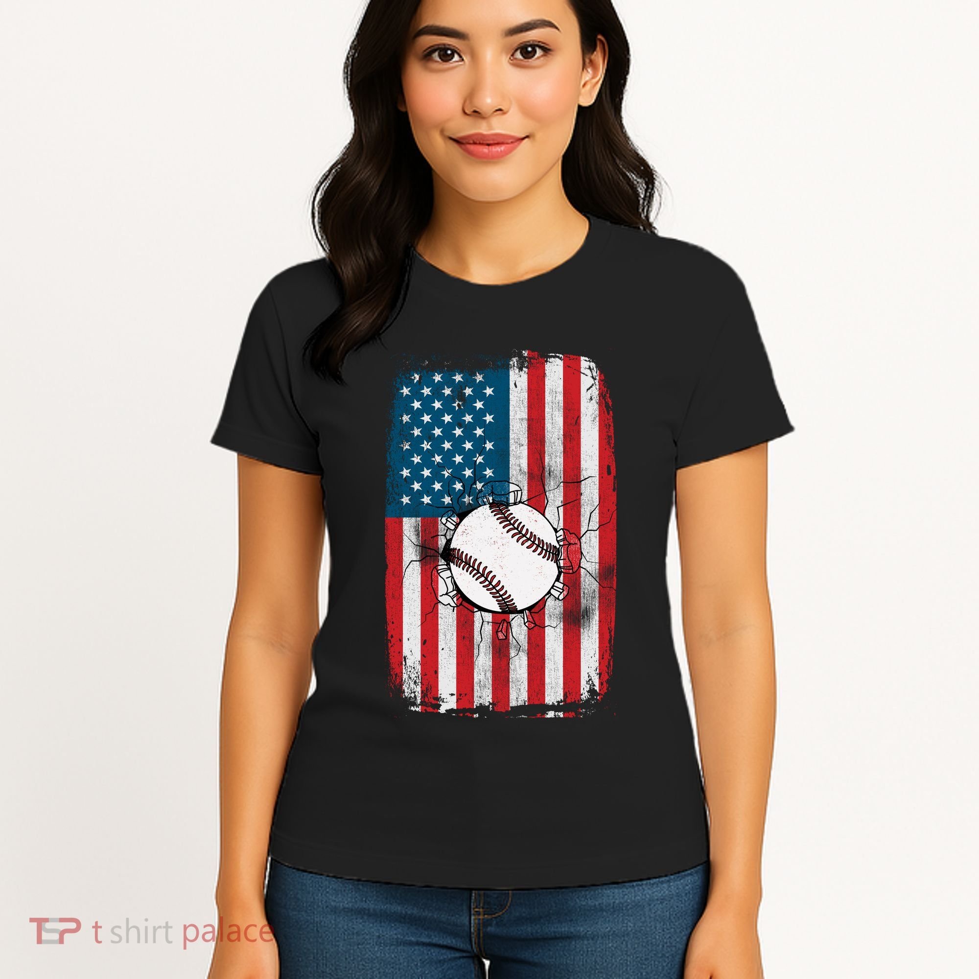 Distressed USA American Flag Baseball Women's T-Shirt