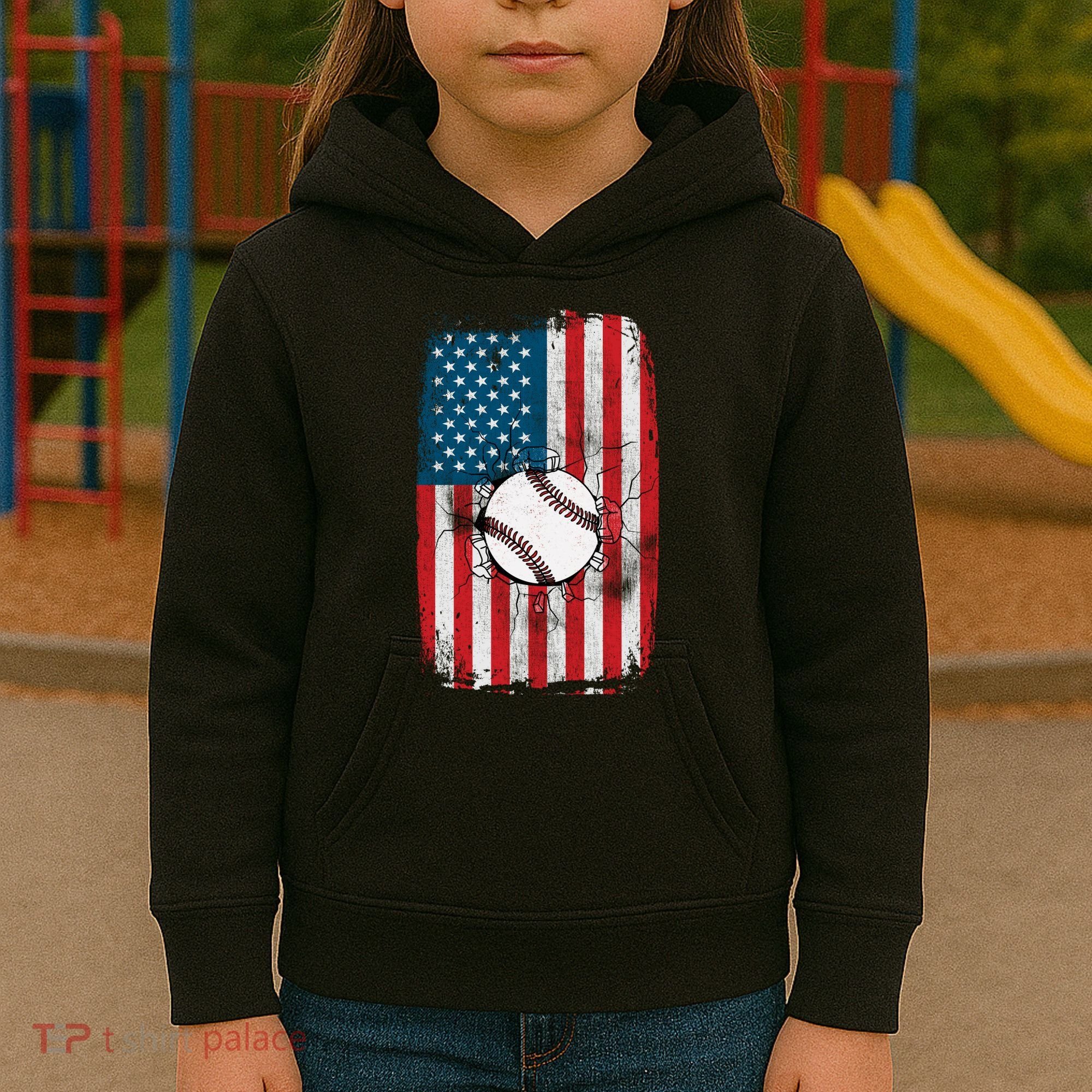 Distressed USA American Flag Baseball Kids Hoodie