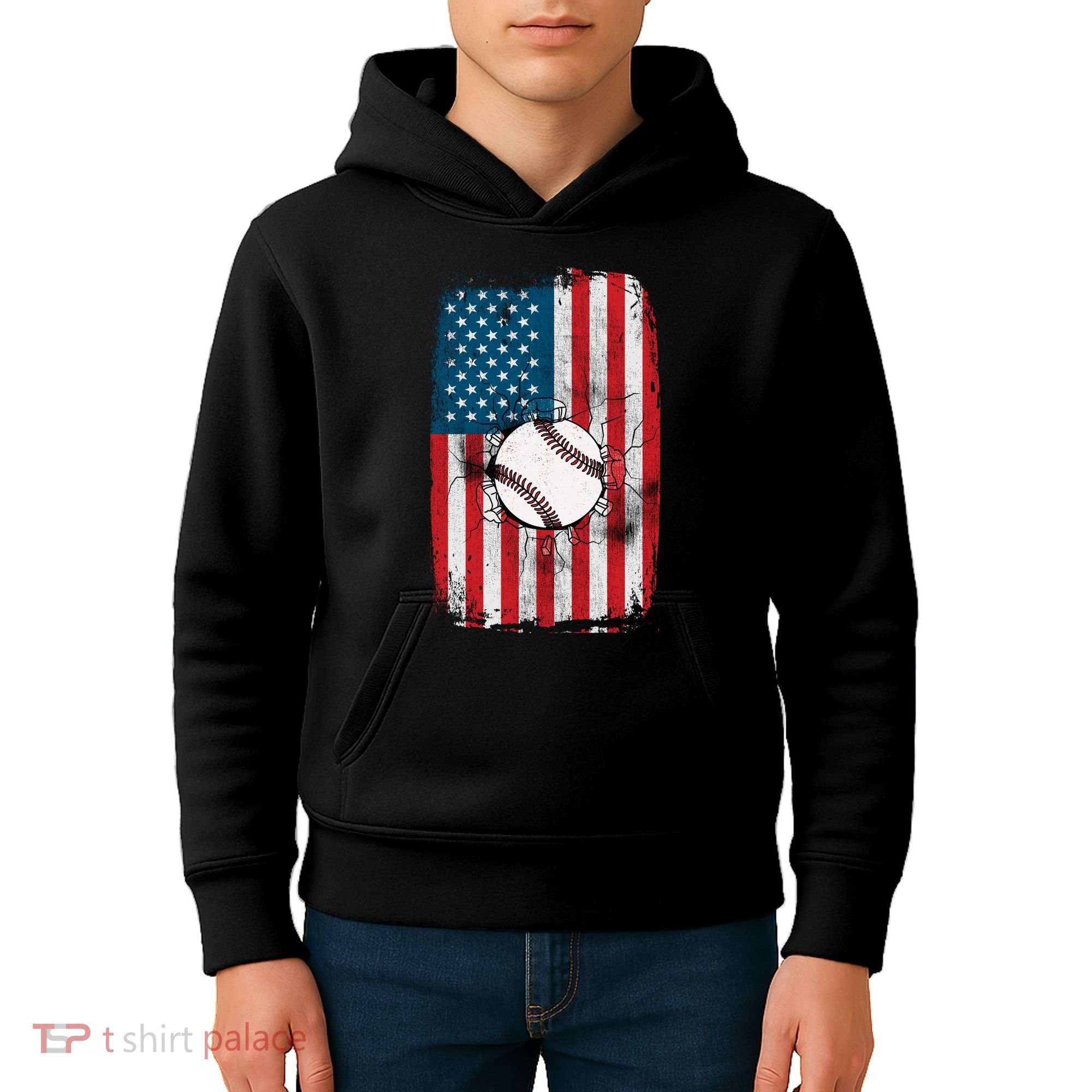 Distressed USA American Flag Baseball Kids Hoodie