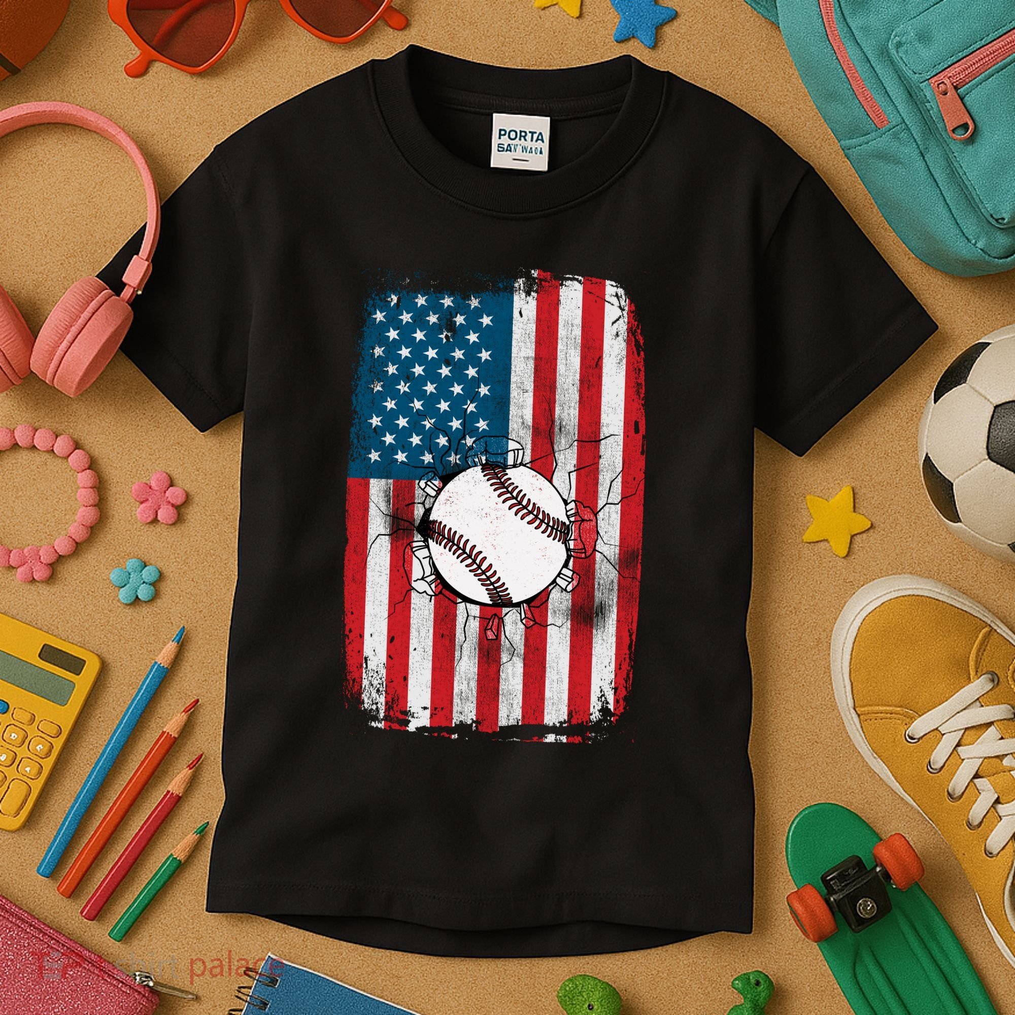Distressed USA American Flag Baseball Kids T-Shirt