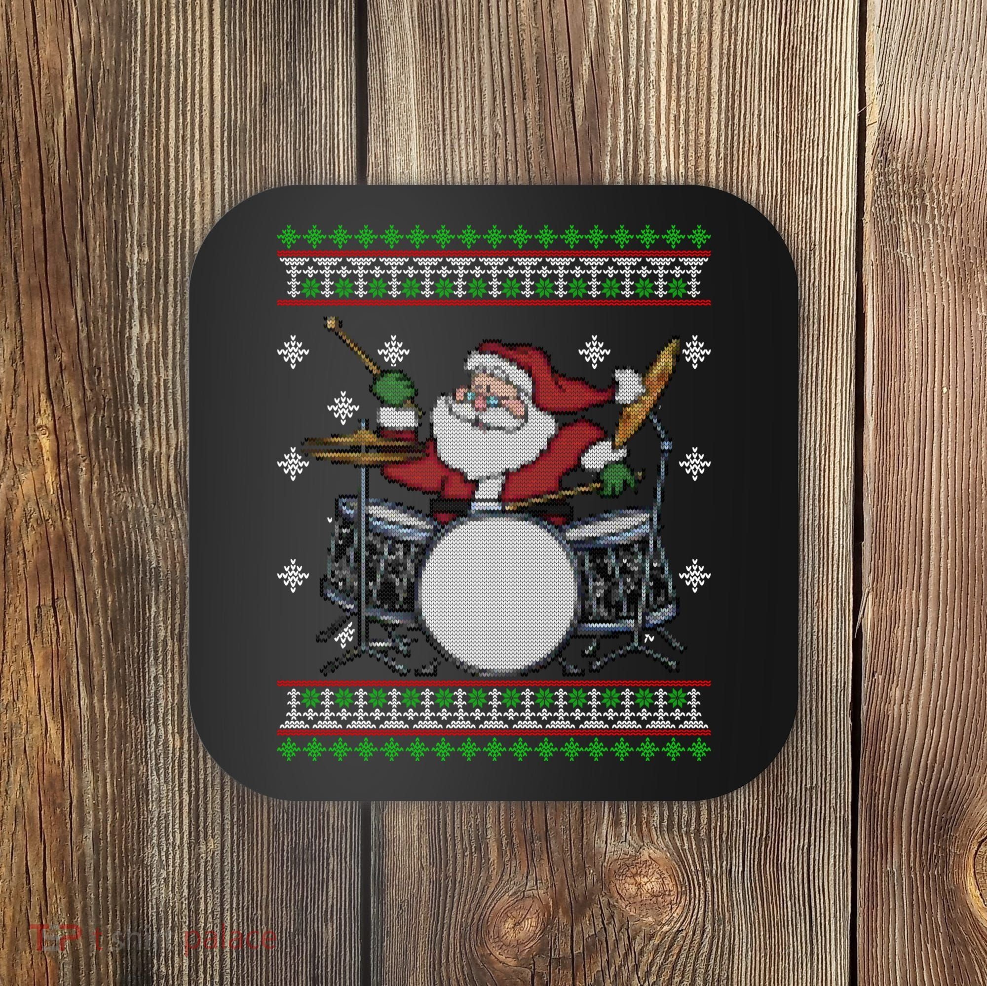 Drummer Ugly Christmas Sweater Santa Claus Playing Gift Coaster