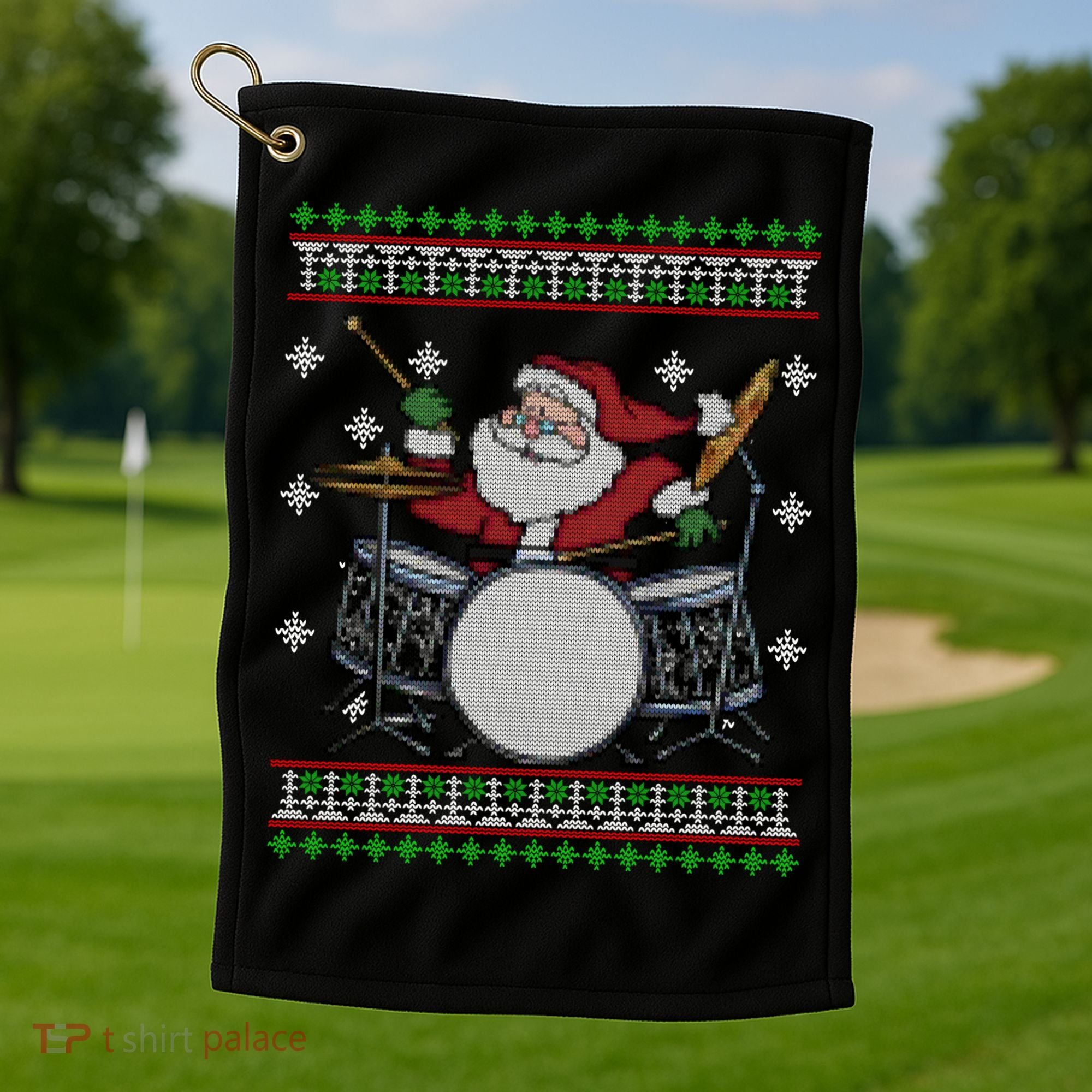 Drummer Ugly Christmas Sweater Santa Claus Playing Gift Golf Towel