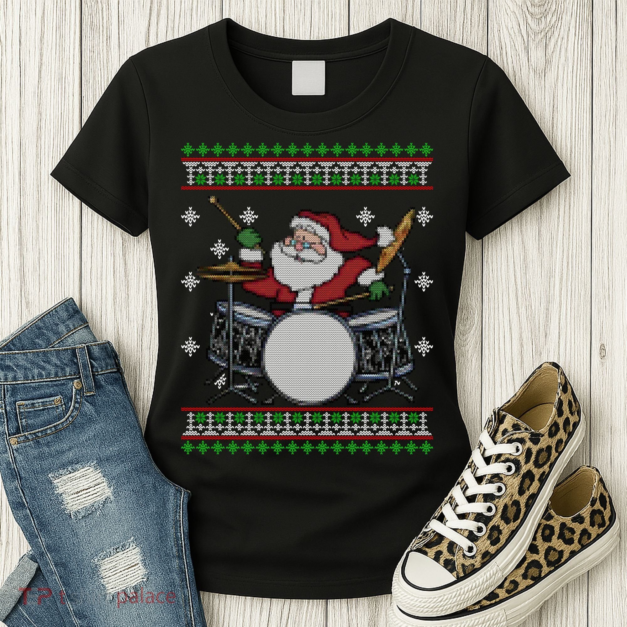 Drummer Ugly Christmas Sweater Santa Claus Playing Gift Women's T-Shirt