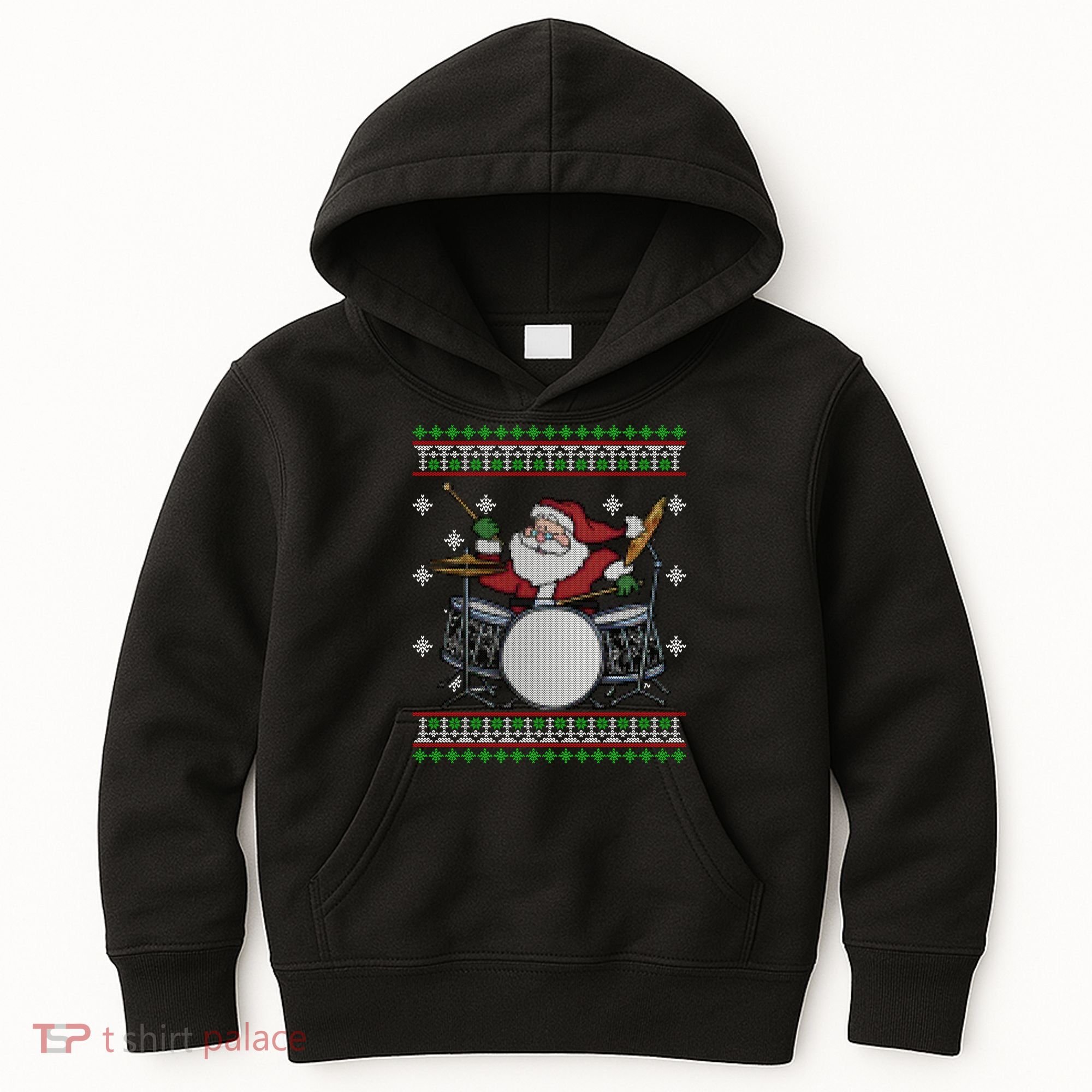 Drummer Ugly Christmas Sweater Santa Claus Playing Gift Kids Hoodie
