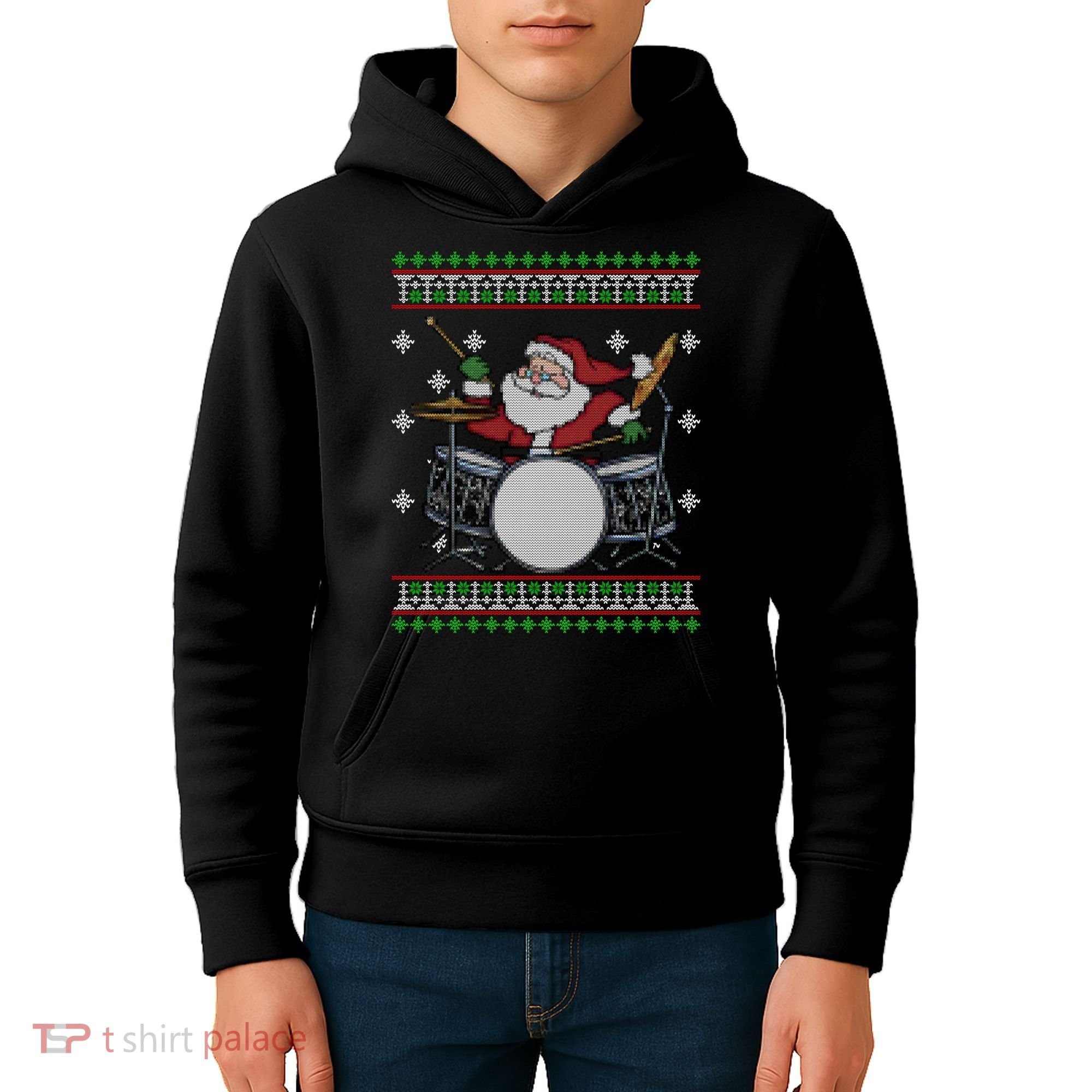 Drummer Ugly Christmas Sweater Santa Claus Playing Gift Kids Hoodie