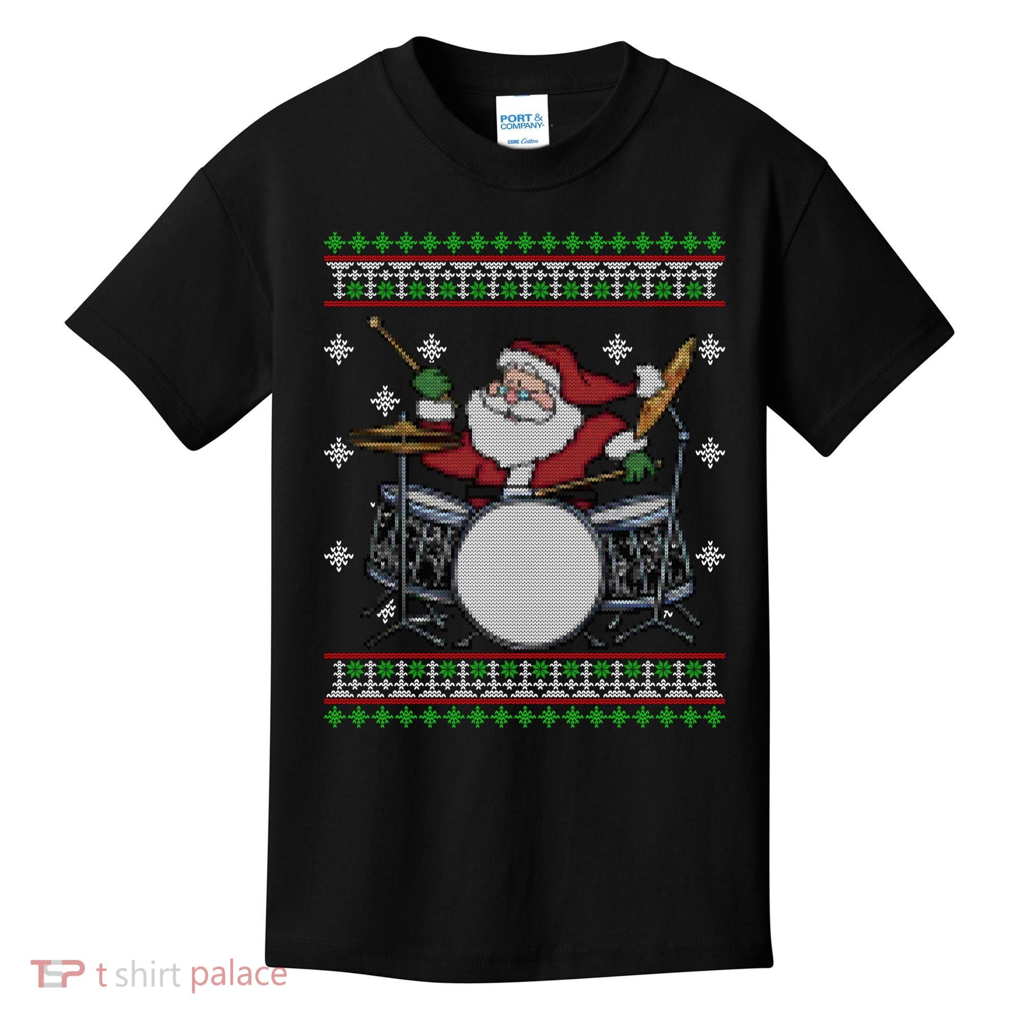 Drummer Ugly Christmas Sweater Santa Claus Playing Gift Kids T-Shirt