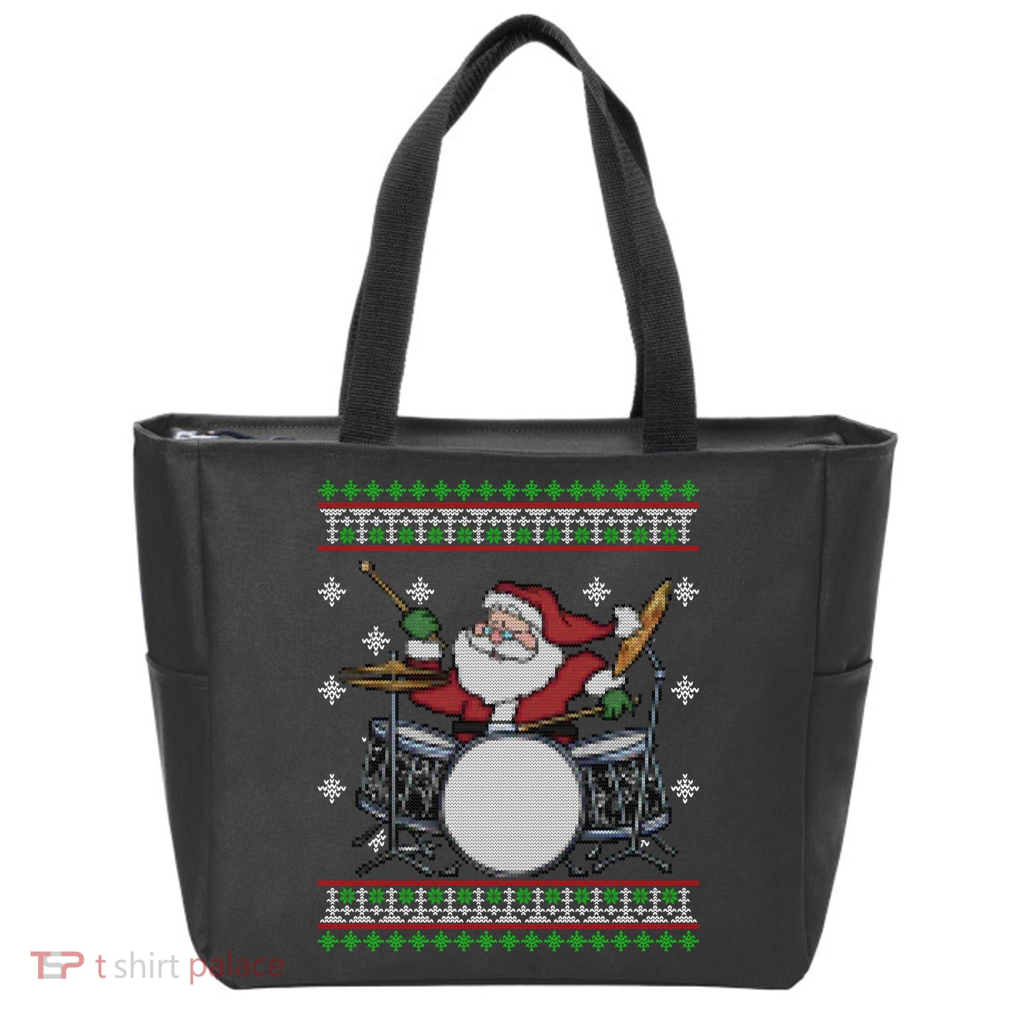 Drummer Ugly Christmas Sweater Santa Claus Playing Gift Tote Bag