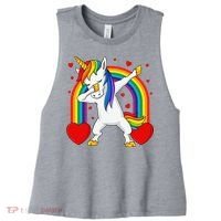 Dabbing Unicorn Hearts Rainbow Valentine's Day Women's Racerback Cropped Tank thumb 0