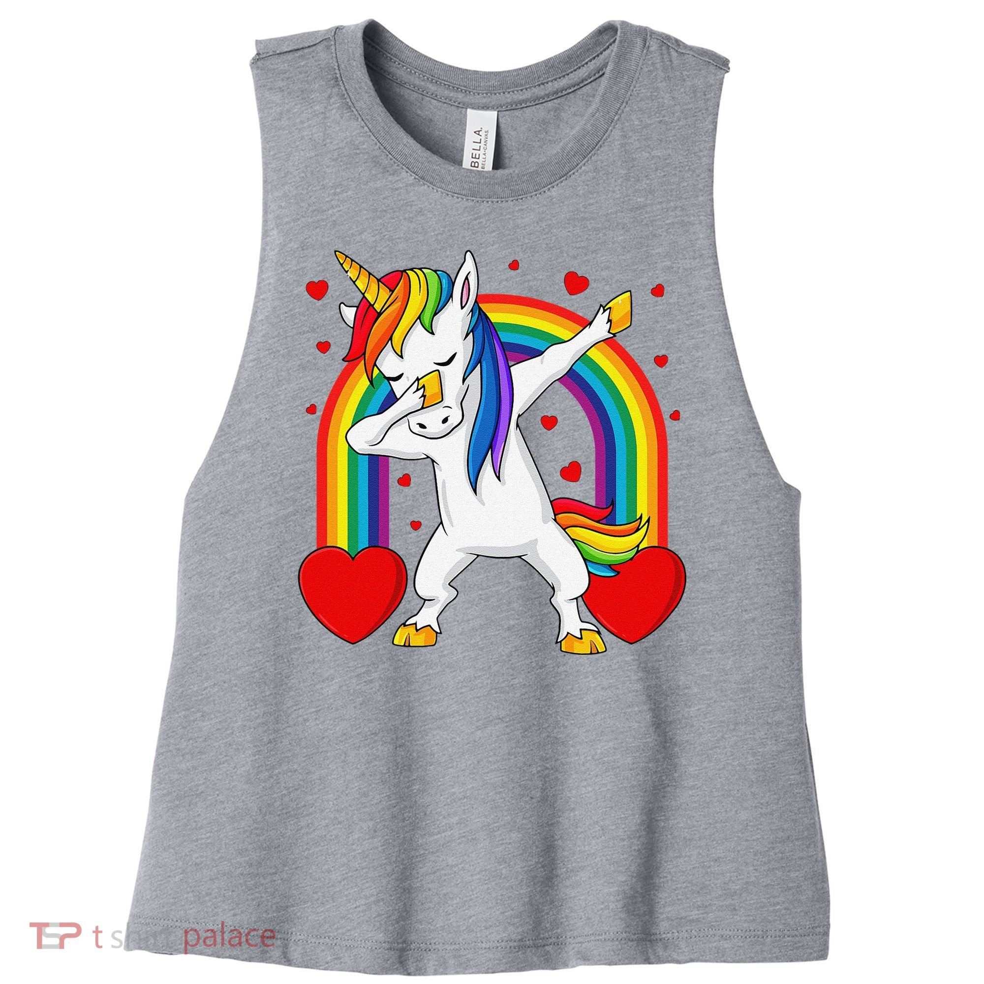 Dabbing Unicorn Hearts Rainbow Valentine's Day Women's Racerback Cropped Tank