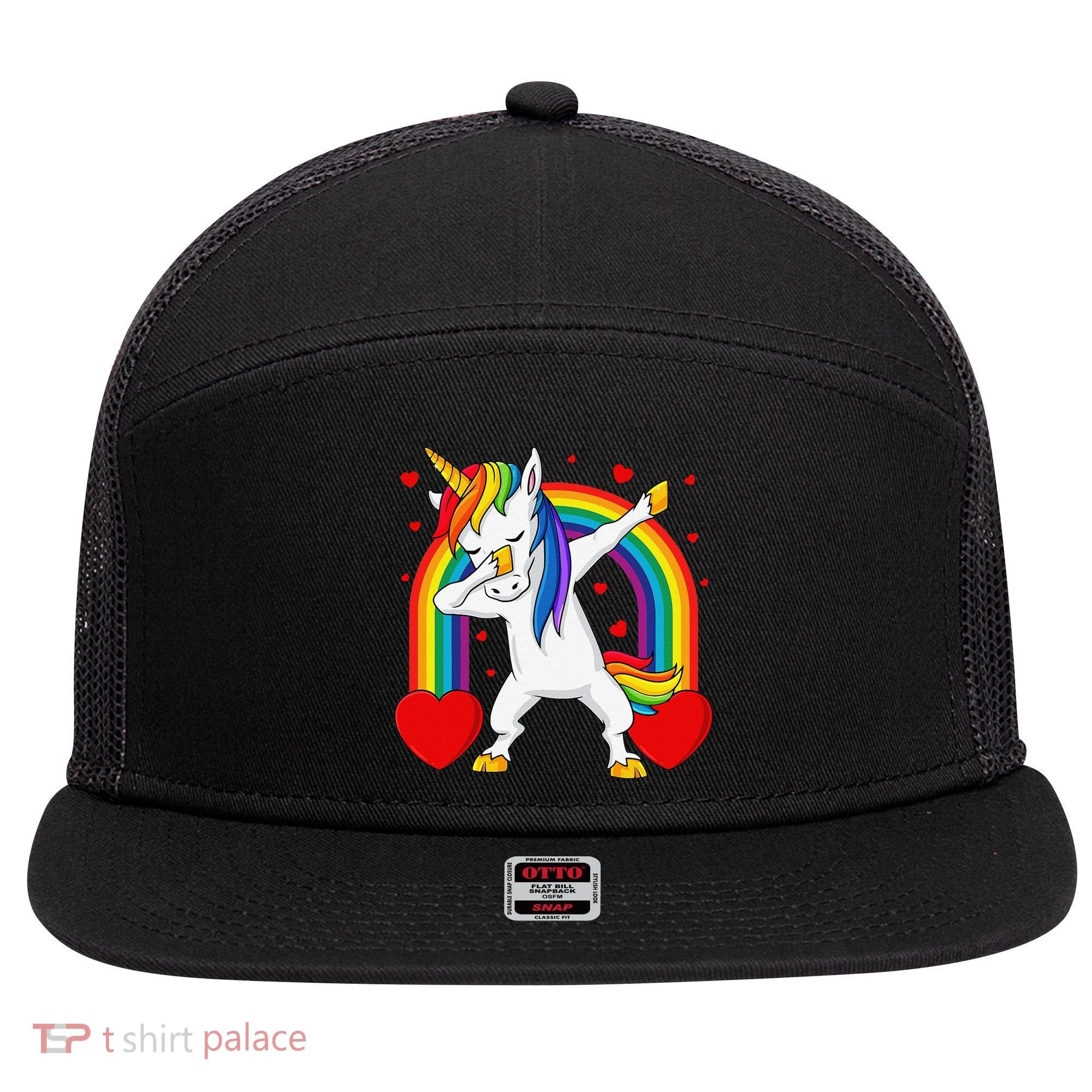 Dabbing Unicorn Hearts Rainbow Valentine's Day 7 Panel Mesh Trucker Snapback Hat