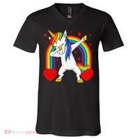Dabbing Unicorn Hearts Rainbow Valentine's Day V-Neck T-Shirt thumb 0