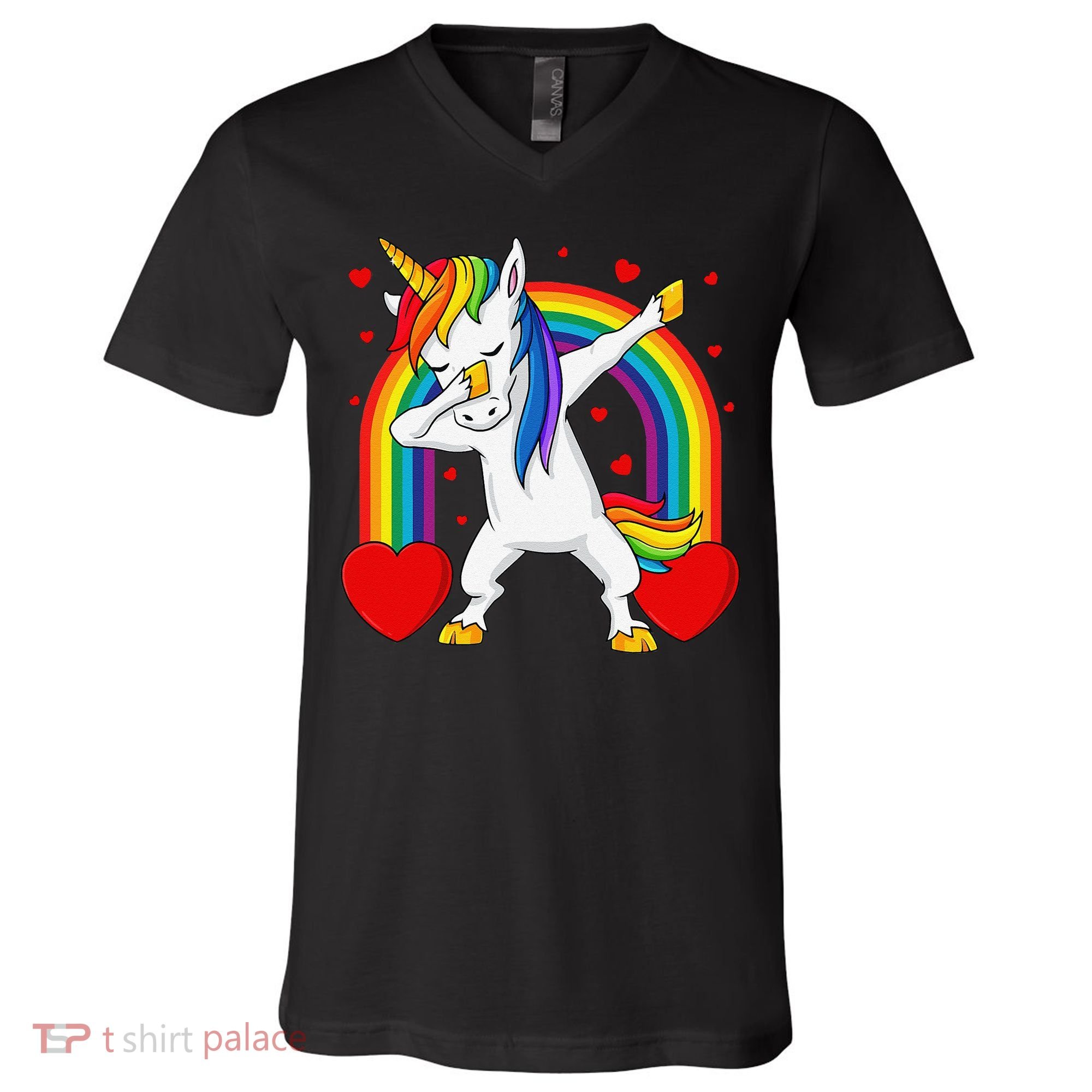 Dabbing Unicorn Hearts Rainbow Valentine's Day V-Neck T-Shirt