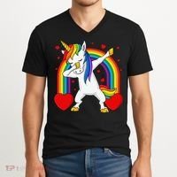 Dabbing Unicorn Hearts Rainbow Valentine's Day V-Neck T-Shirt thumb 2