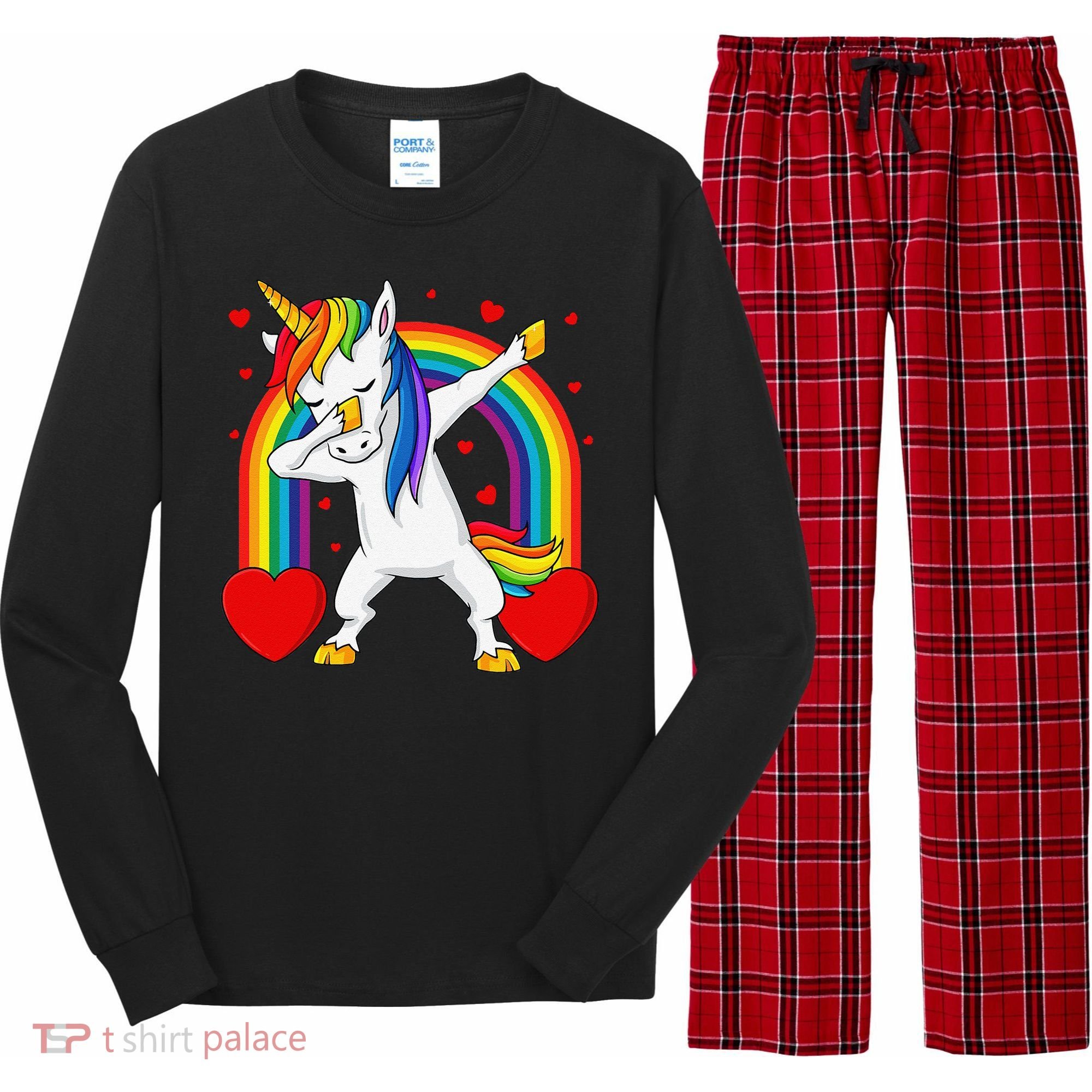 Dabbing Unicorn Hearts Rainbow Valentine's Day Long Sleeve Pajama Set