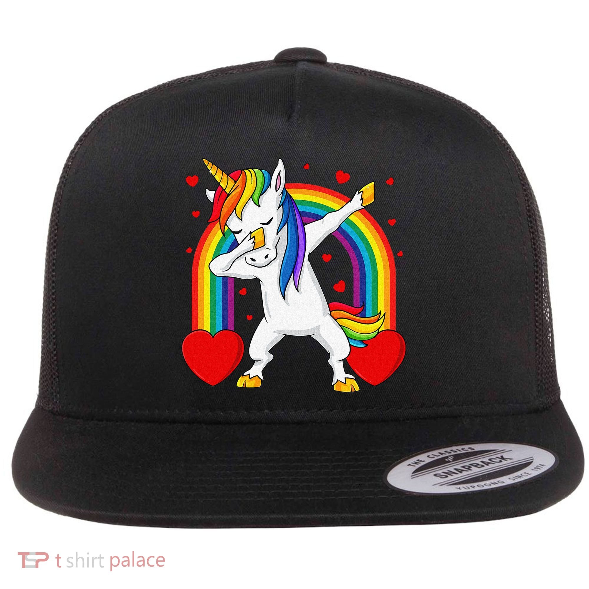 Dabbing Unicorn Hearts Rainbow Valentine's Day Flat Bill Trucker Hat