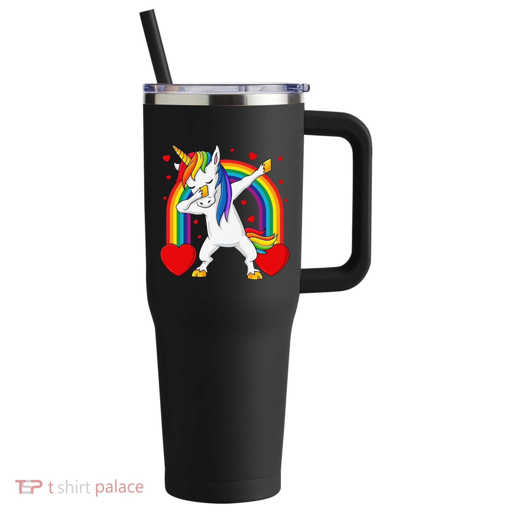 Dabbing Unicorn Hearts Rainbow Valentine's Day 40oz Vacuum Insulated Stainless Steel Travel Tumbler
