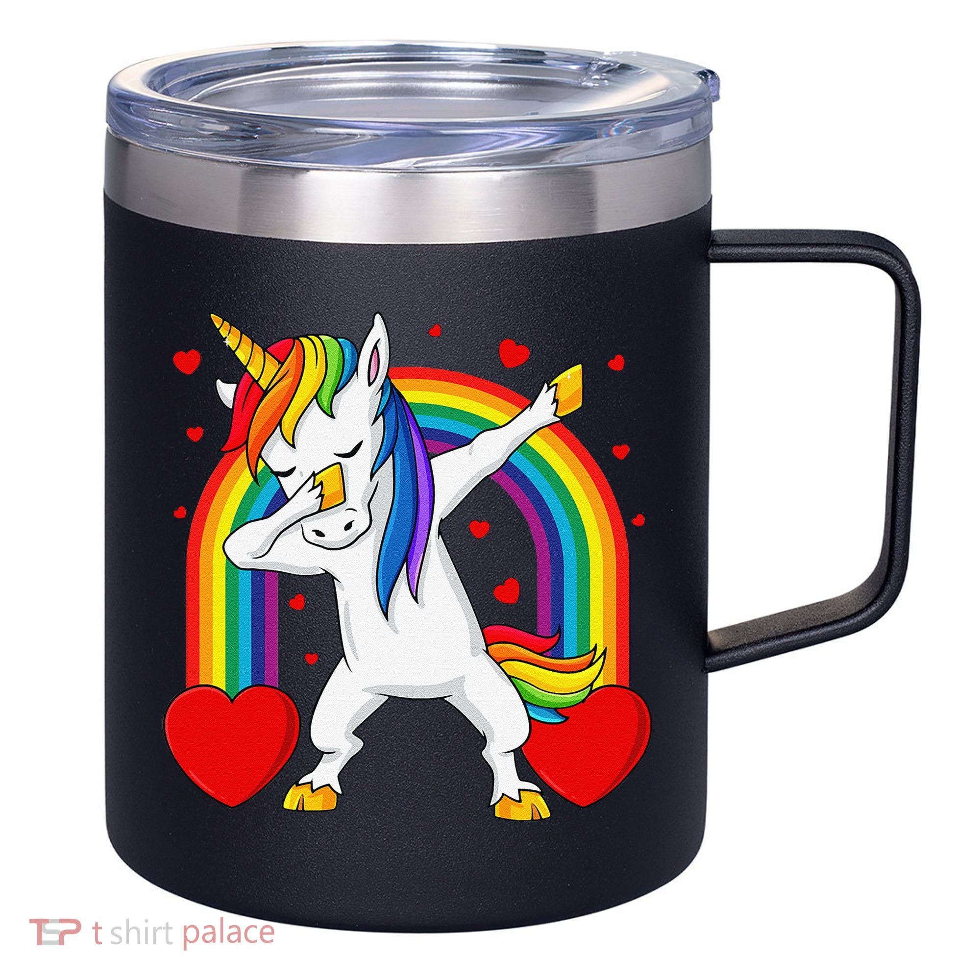 Dabbing Unicorn Hearts Rainbow Valentine's Day 12oz Stainless Steel Coffee Mug