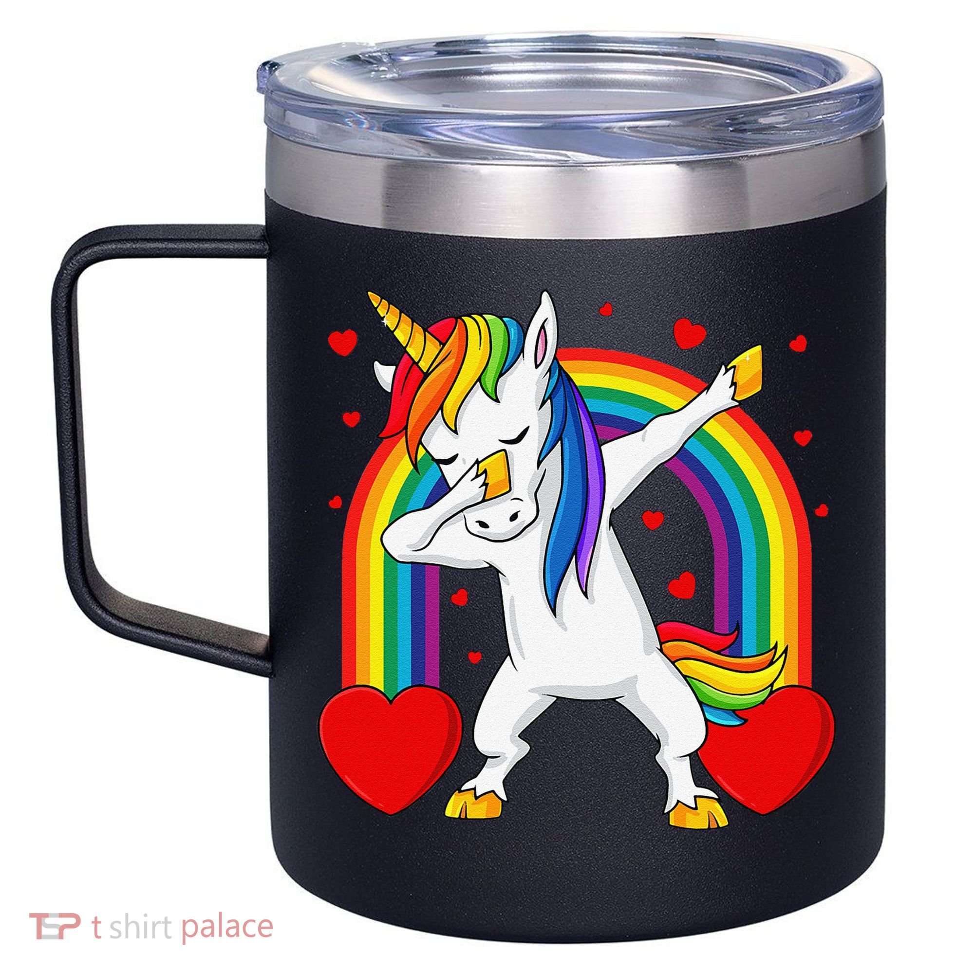 Dabbing Unicorn Hearts Rainbow Valentine's Day 12oz Stainless Steel Coffee Mug