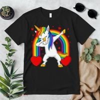 Dabbing Unicorn Hearts Rainbow Valentine's Day Premium T-Shirt thumb 2