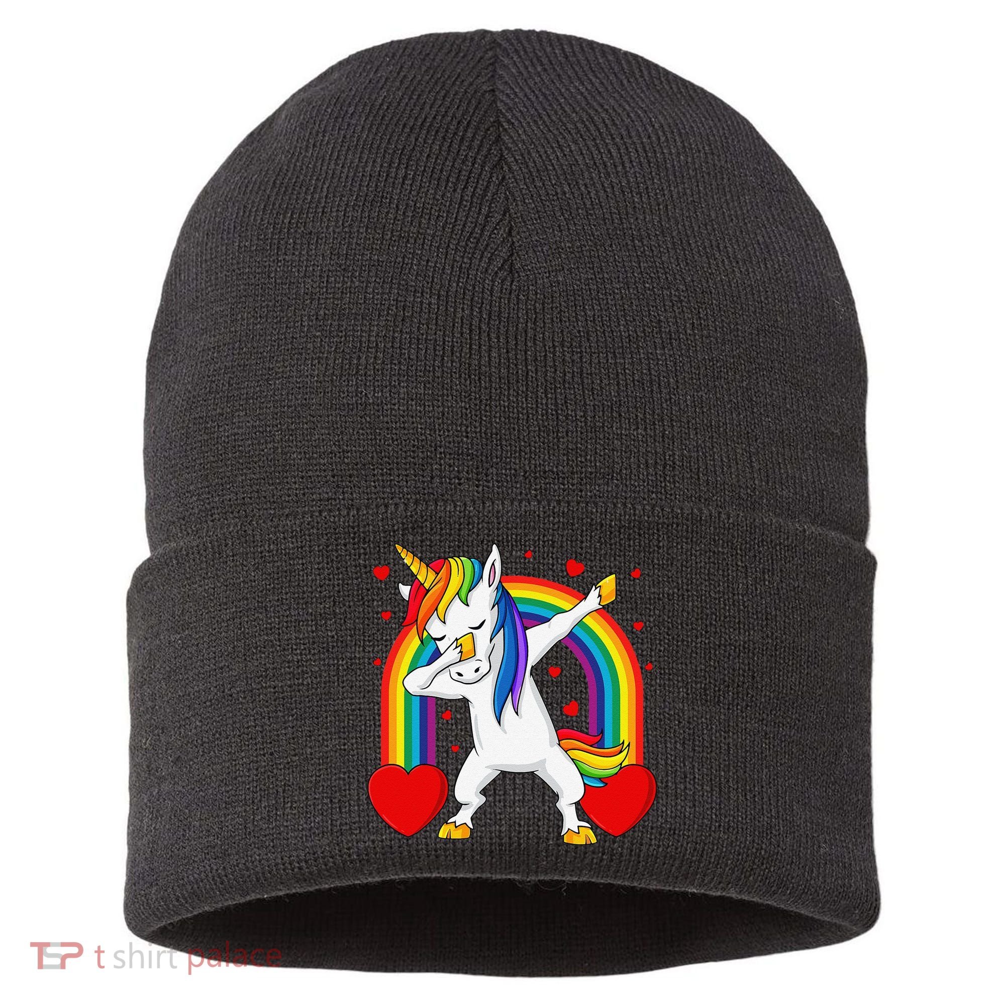 Dabbing Unicorn Hearts Rainbow Valentine's Day Sustainable Knit Beanie