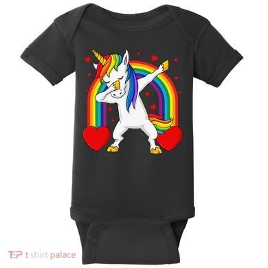 Dabbing Unicorn Hearts Rainbow Valentine's Day Baby Bodysuit