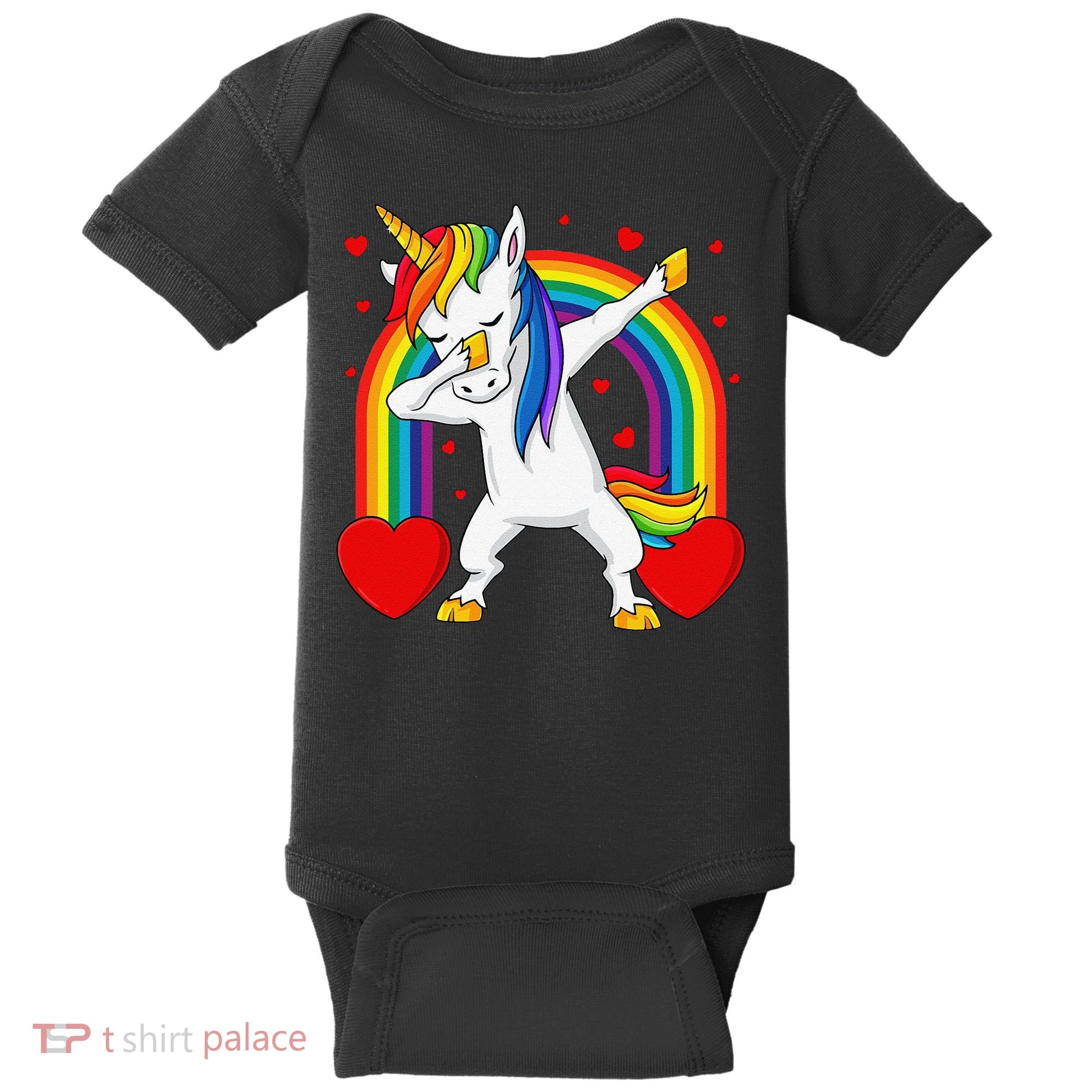 Dabbing Unicorn Hearts Rainbow Valentine's Day Baby Bodysuit