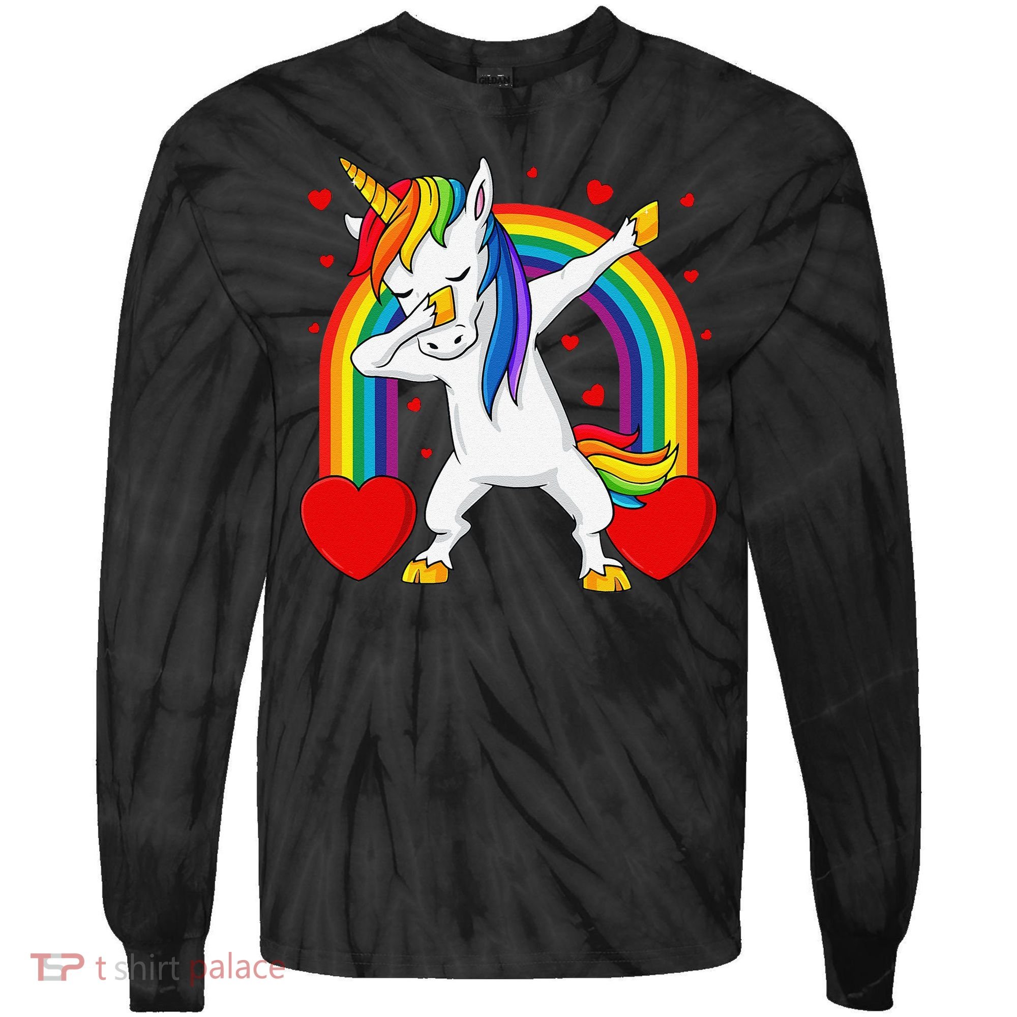 Dabbing Unicorn Hearts Rainbow Valentine's Day Tie-Dye Long Sleeve Shirt