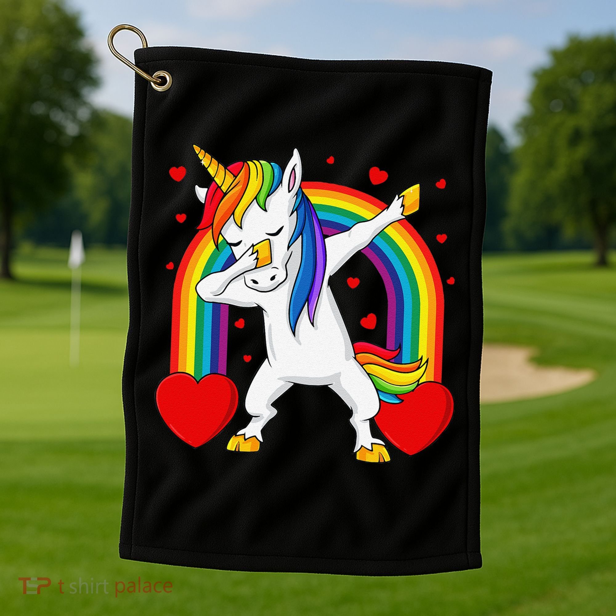 Dabbing Unicorn Hearts Rainbow Valentine's Day Golf Towel