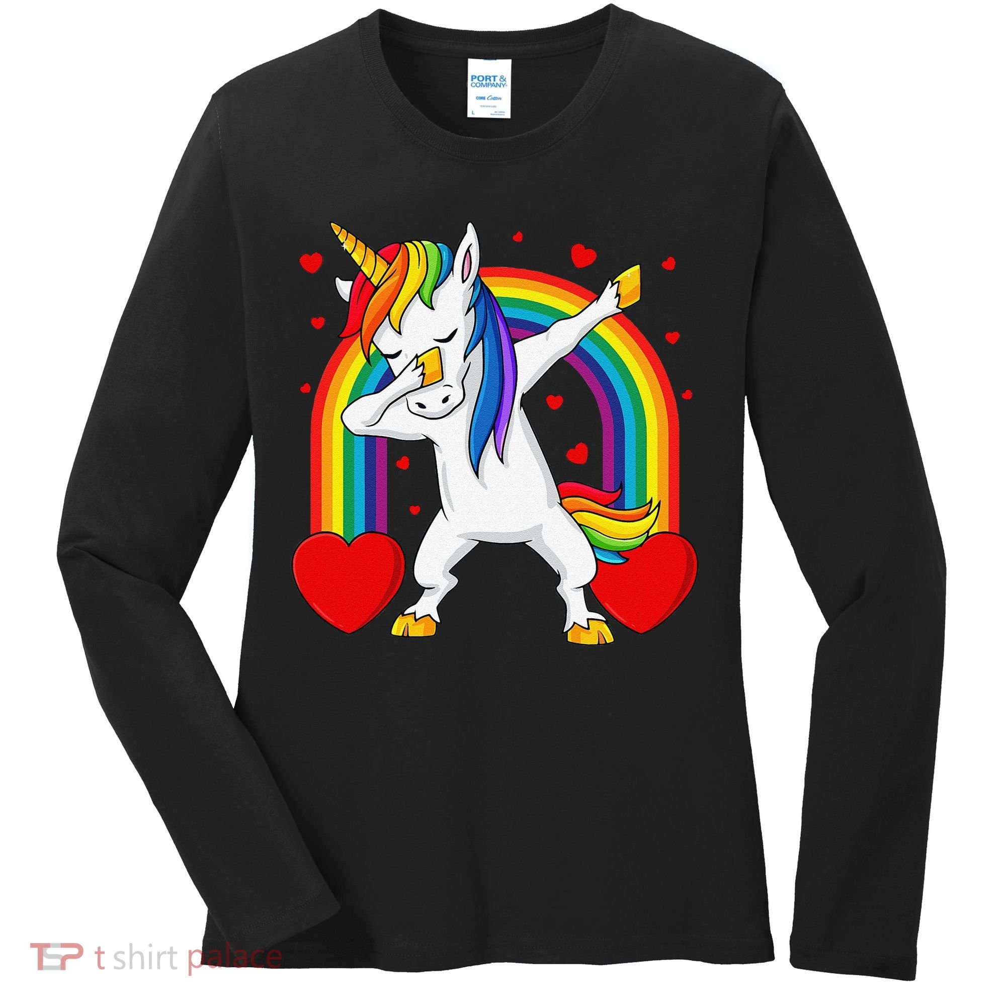 Dabbing Unicorn Hearts Rainbow Valentine's Day Women's Long Sleeve Shirt