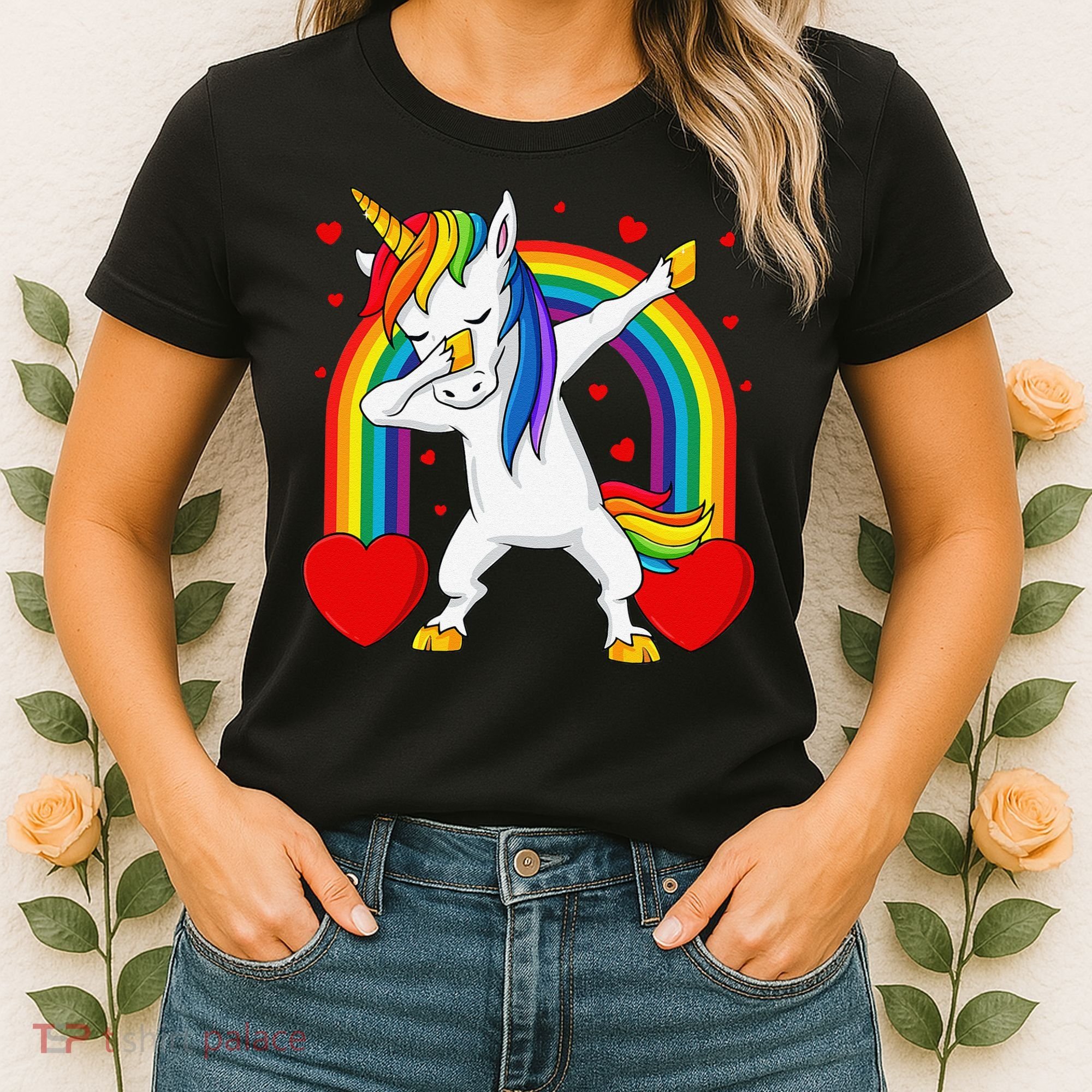 Dabbing Unicorn Hearts Rainbow Valentine's Day Women's T-Shirt