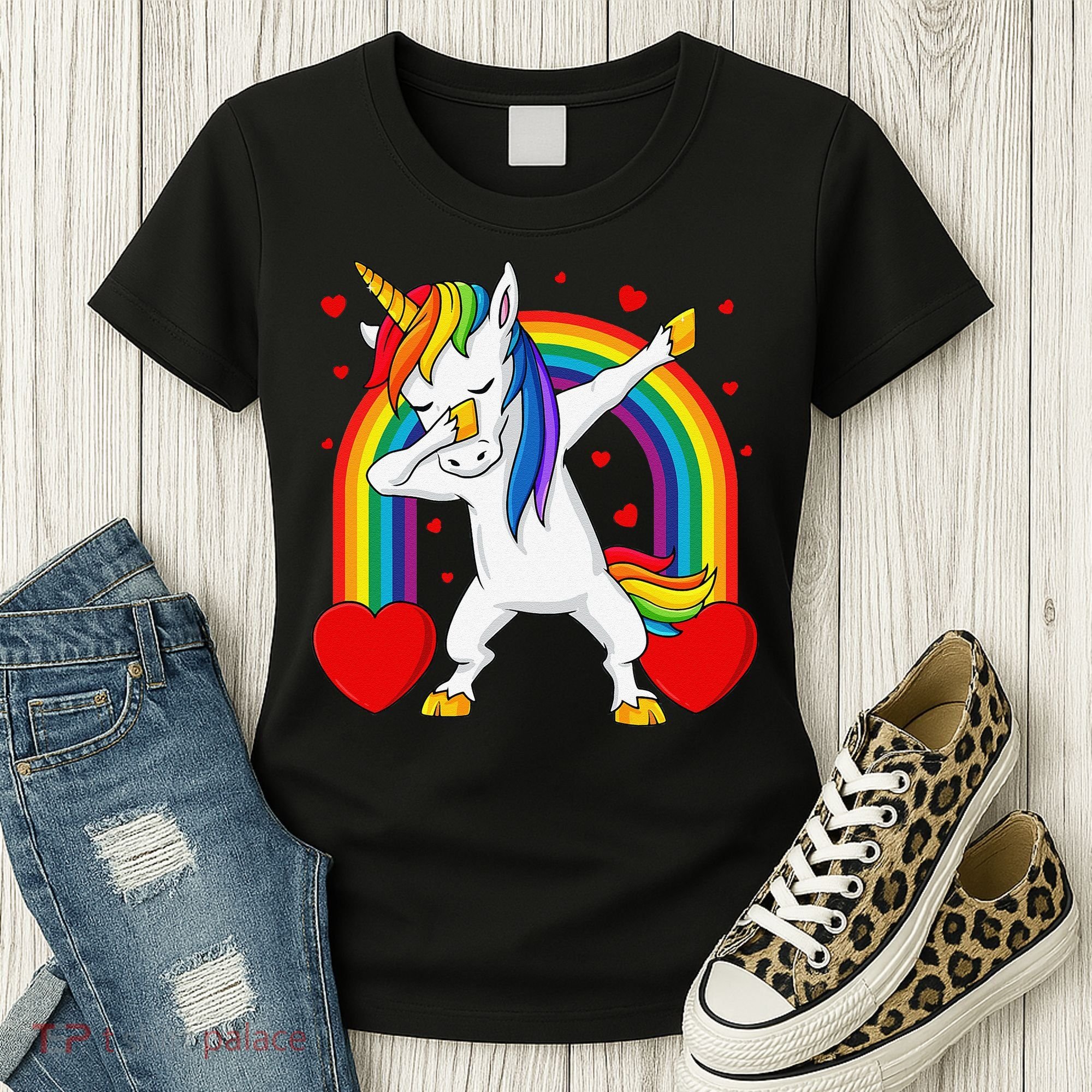 Dabbing Unicorn Hearts Rainbow Valentine's Day Women's T-Shirt