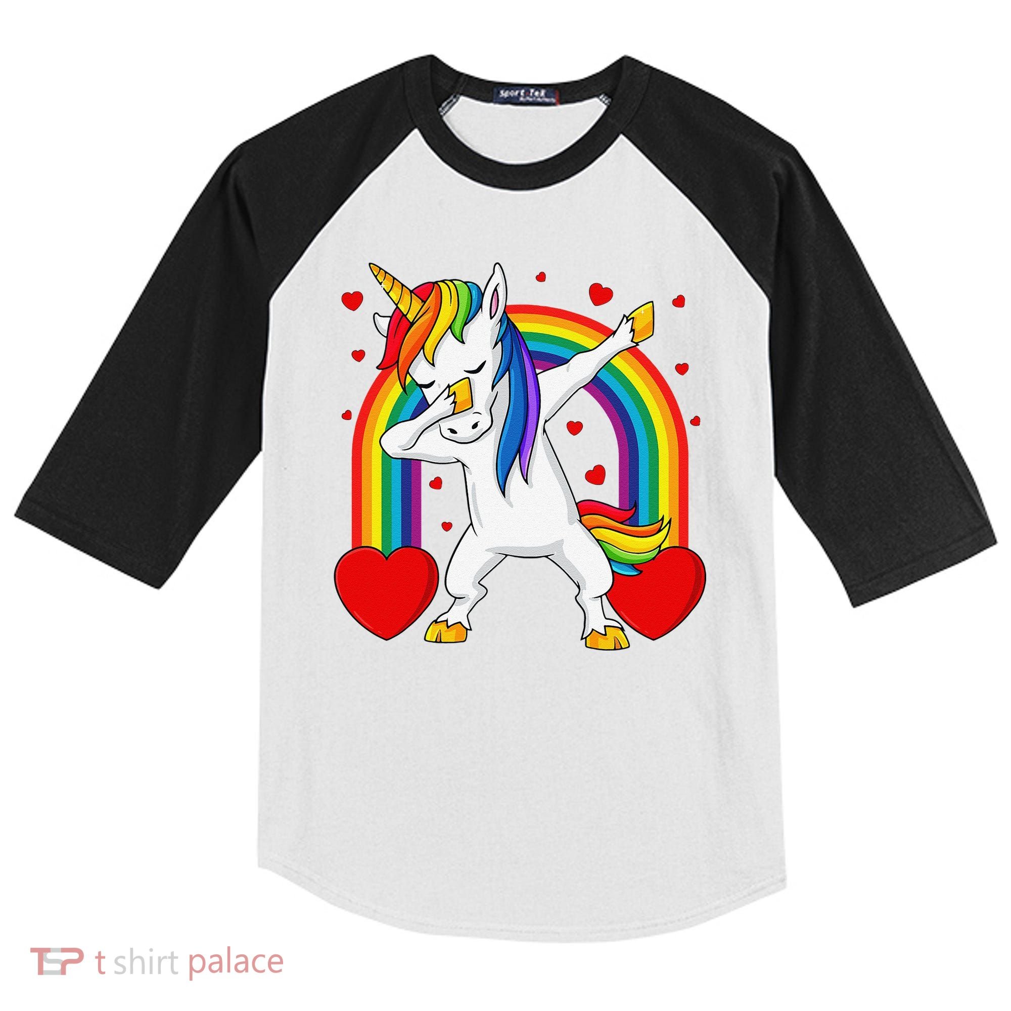 Dabbing Unicorn Hearts Rainbow Valentine's Day Kids Colorblock Raglan Jersey